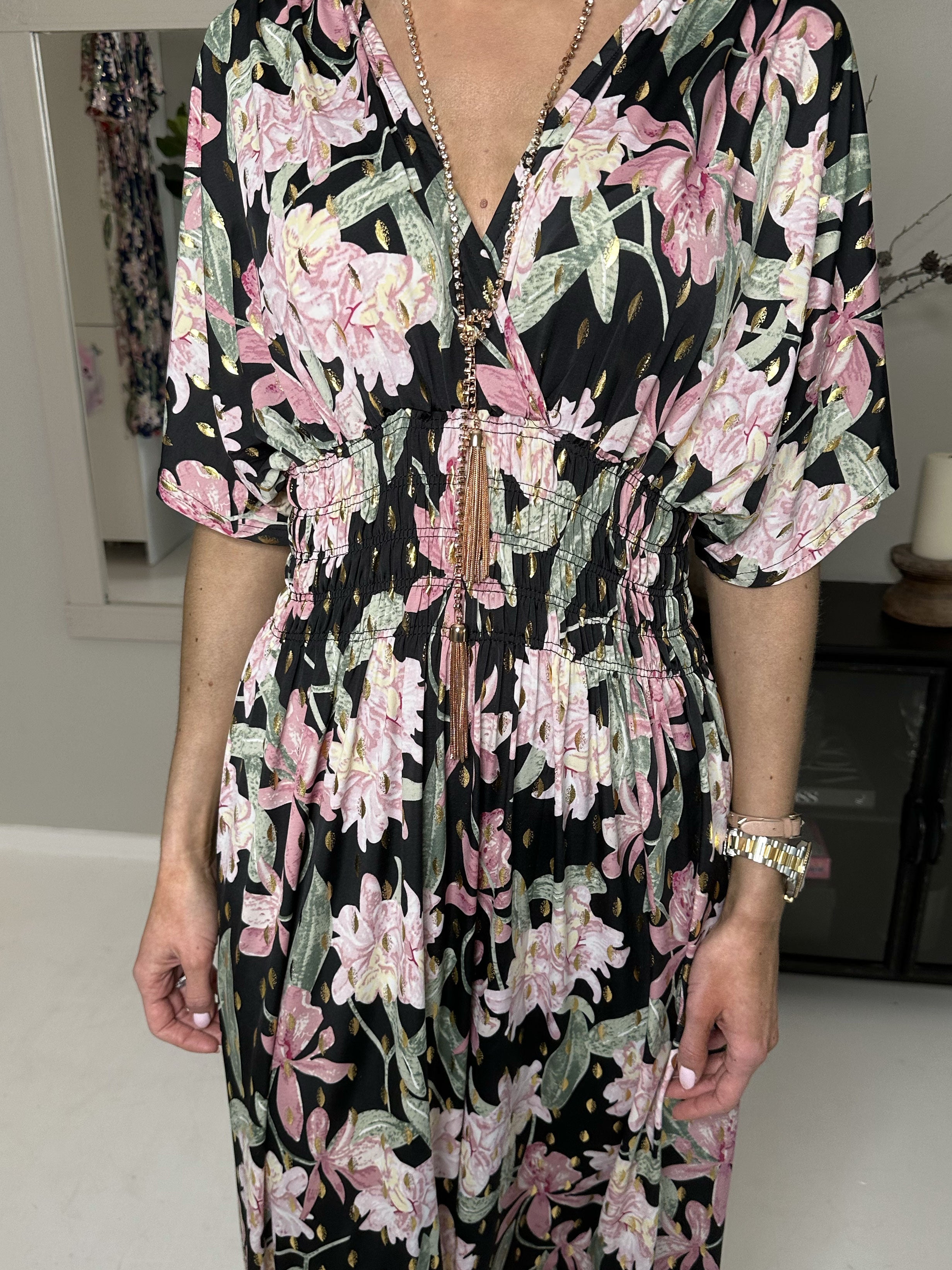 Pams Flower - Lång elastisk klänning i skrynkelfritt tyg