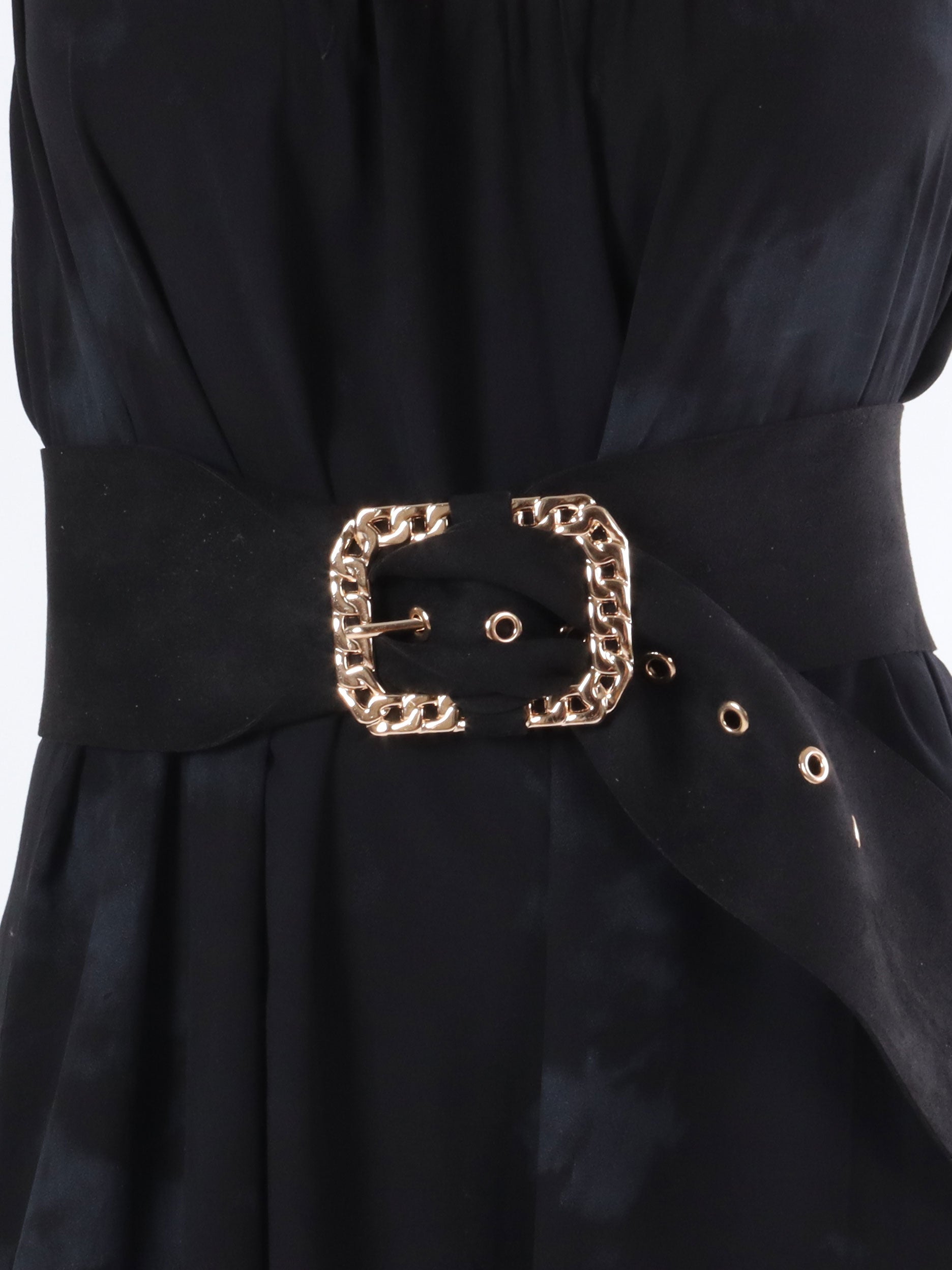 Luisa - Svart brett bälte i mocka med guldspänne