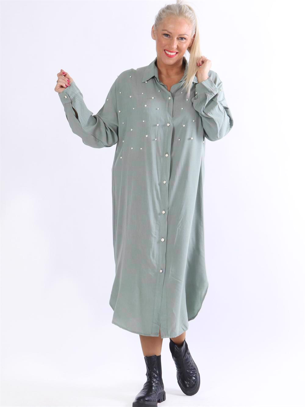 Jules - Lång skjortklänning med vita pärlor