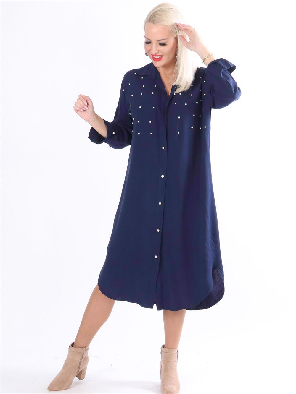 Jules - Lång skjortklänning med vita pärlor