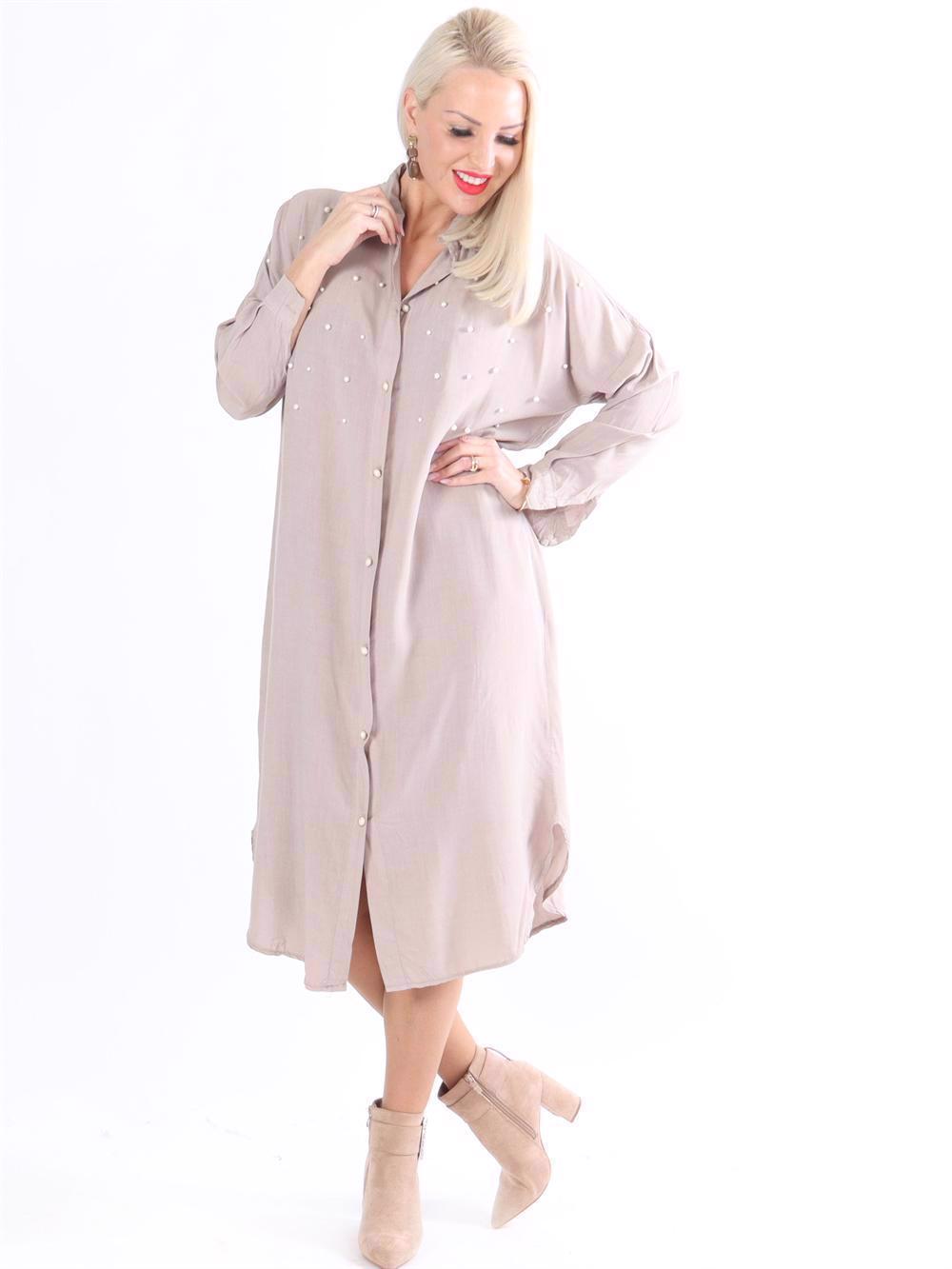 Jules - Lång skjortklänning med vita pärlor