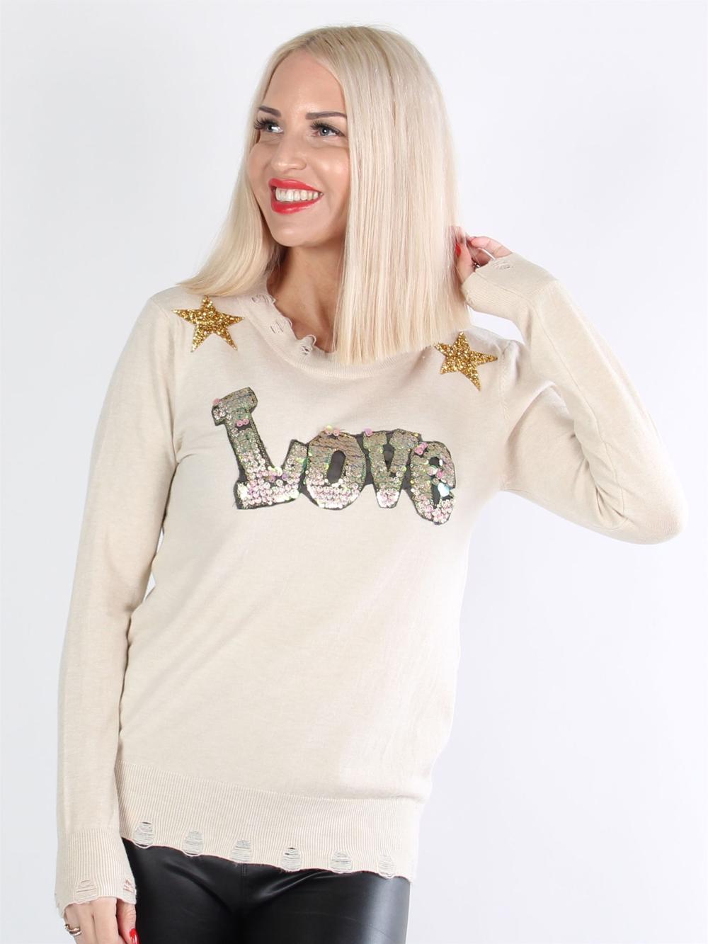 Kelvina - Beige blus med text och stjärnor av paljetter och stenimitationer