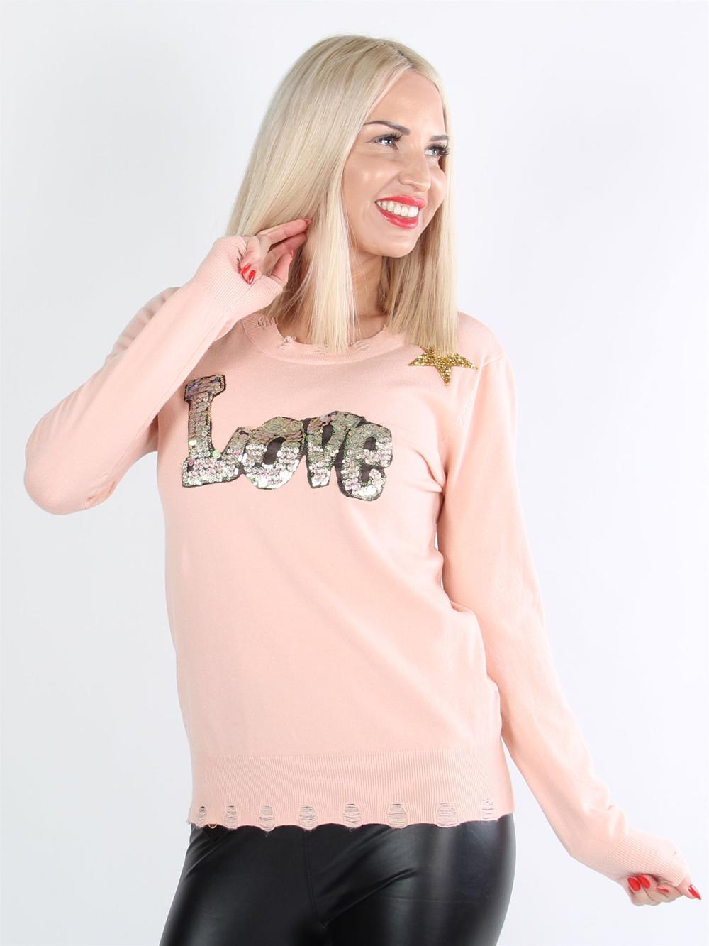 Kelvina - Beige blus med text och stjärnor av paljetter och stenimitationer
