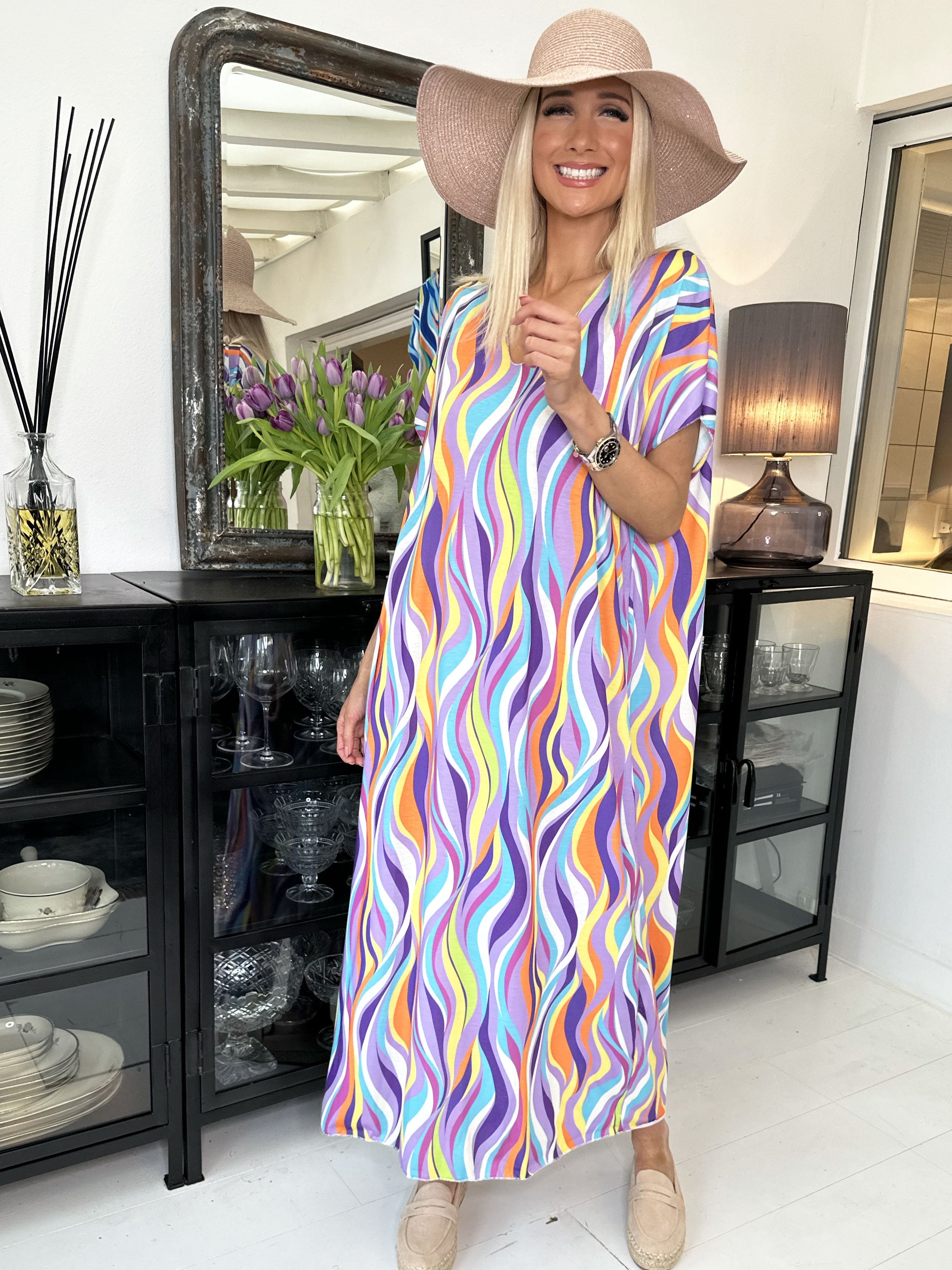 Kirsa long - Mångfärgad lång klänning i mjukt tyg