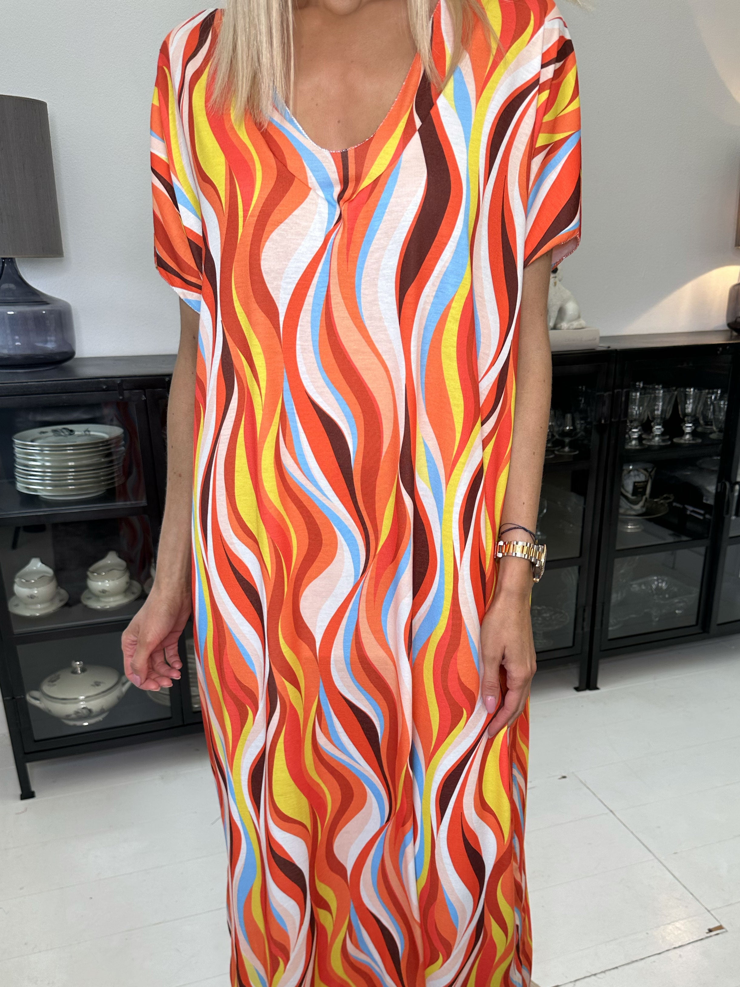 Kirsa long - Mångfärgad lång klänning i mjukt tyg