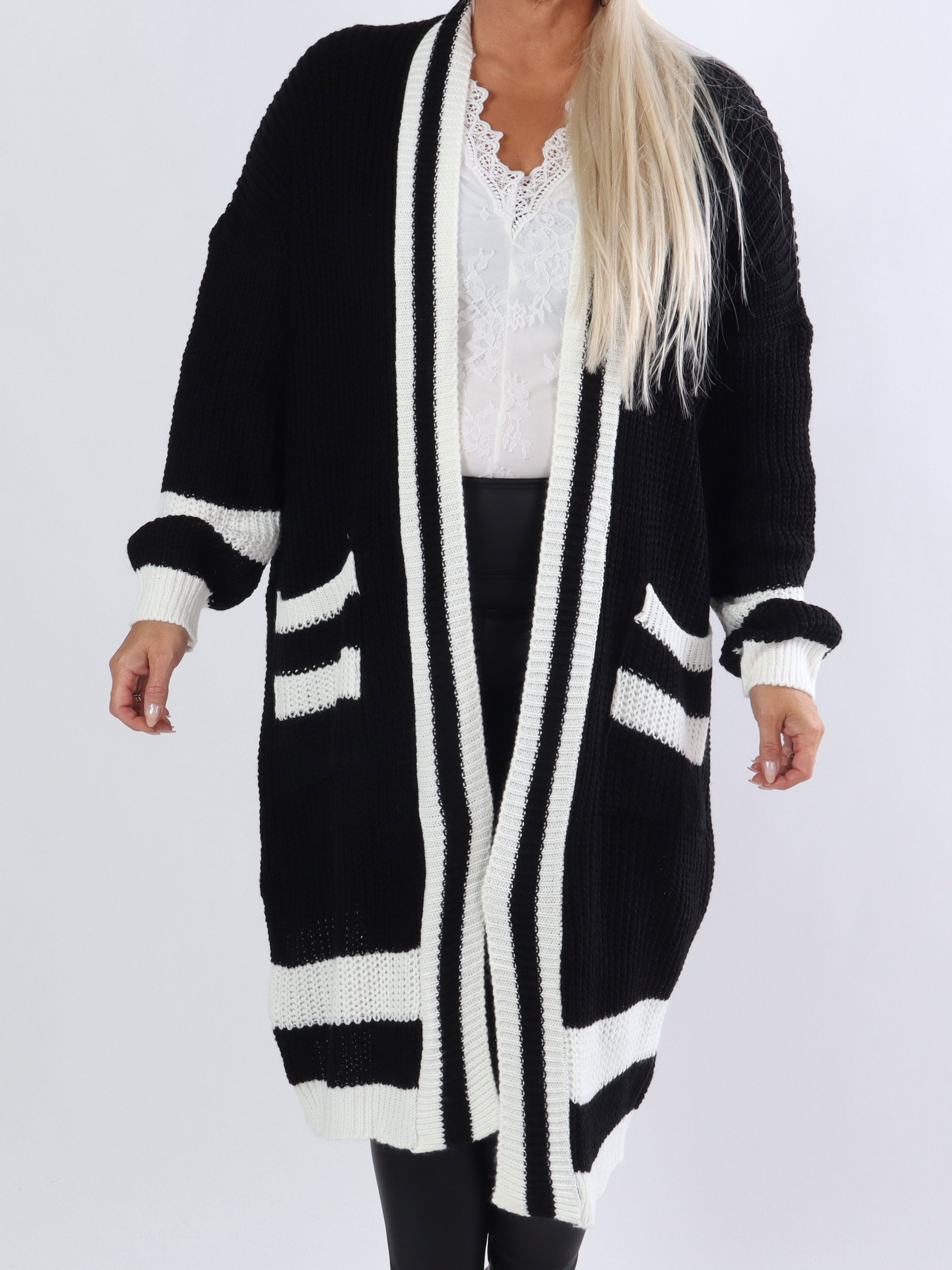 Kit - Lång plus size kofta i stickad med vit rand - Grey