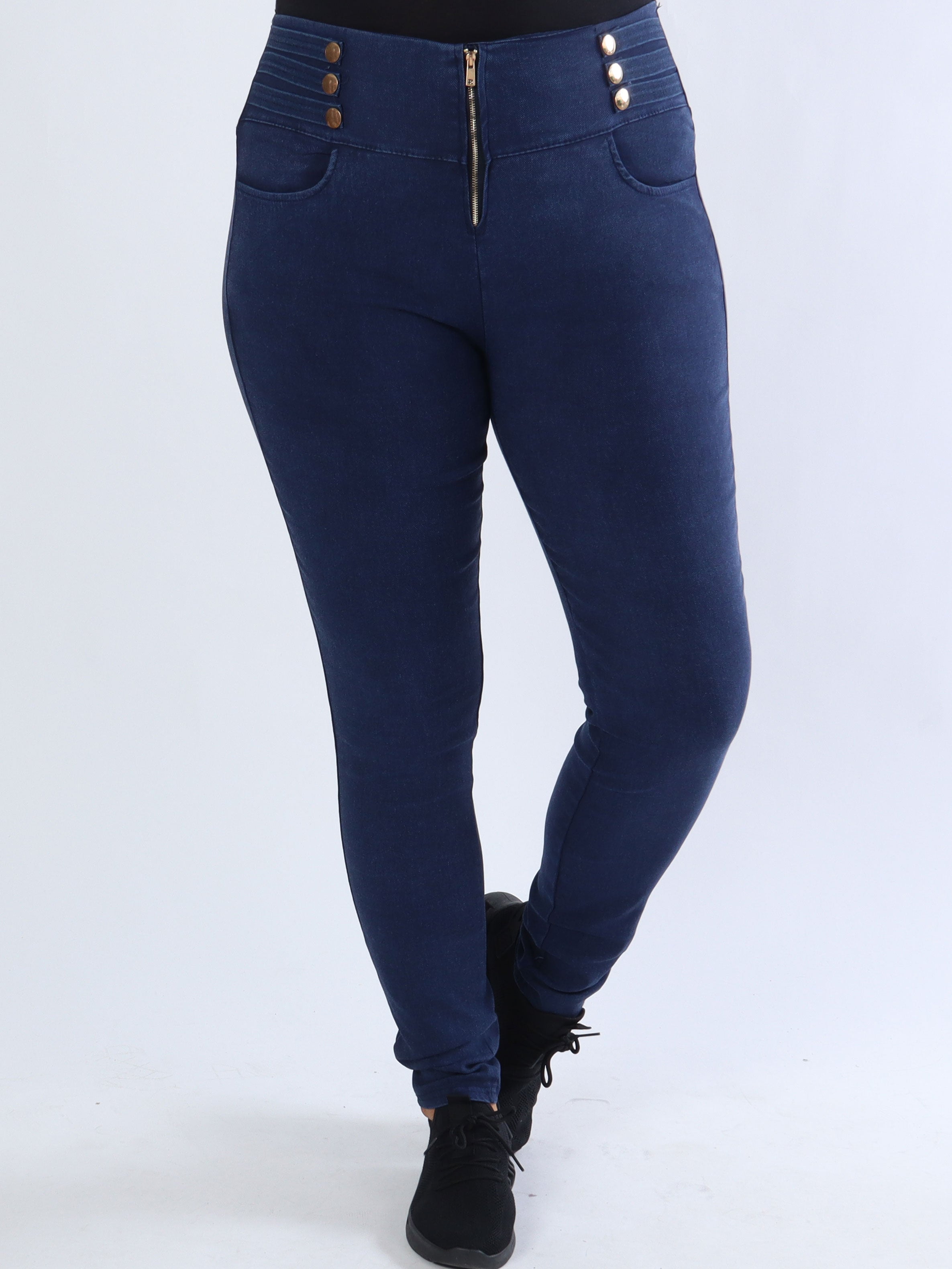 Latisha - Leggings i jeanslook med dragkedja och guldknappar