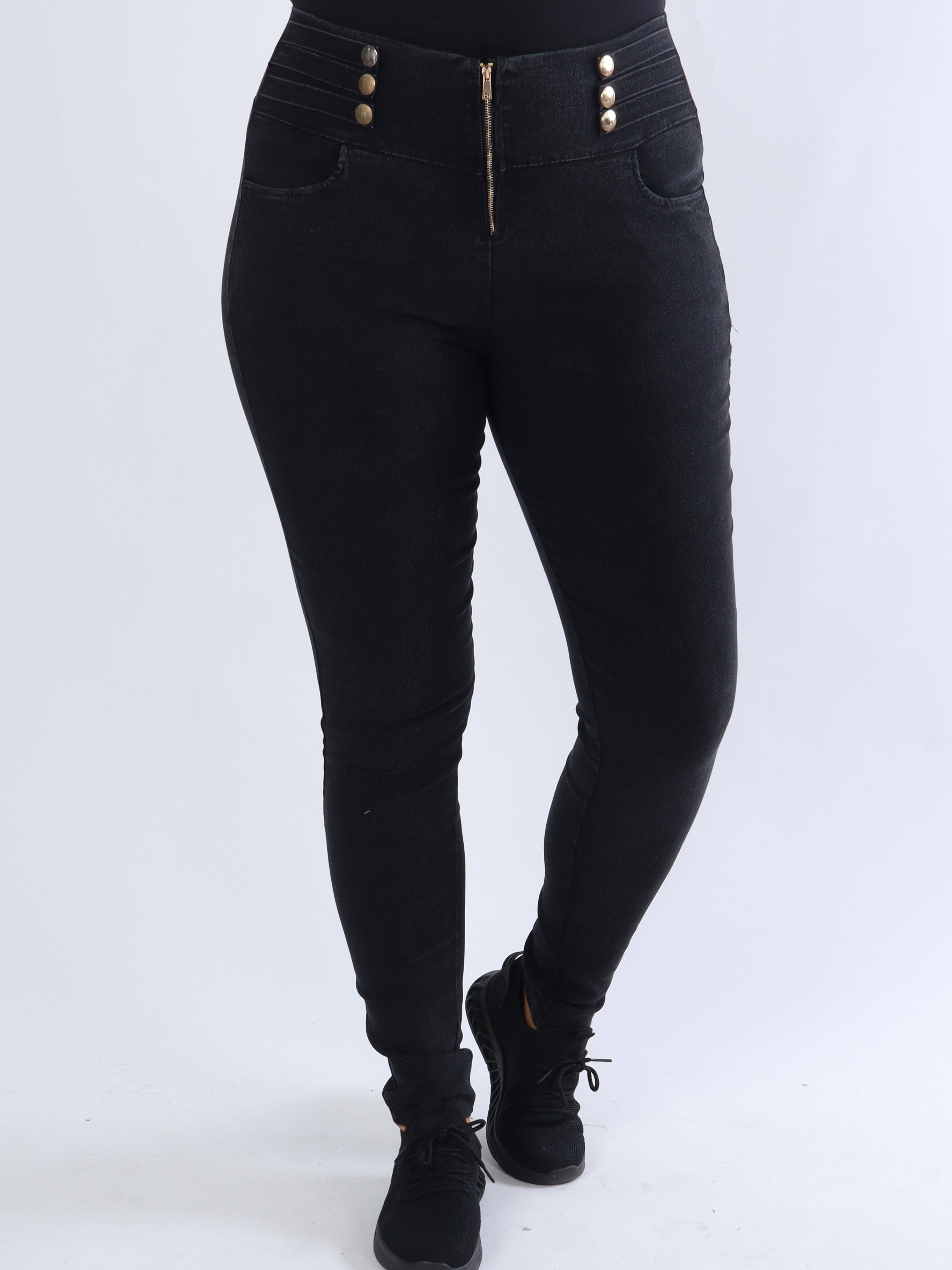 Latisha - Leggings i jeanslook med dragkedja och guldknappar