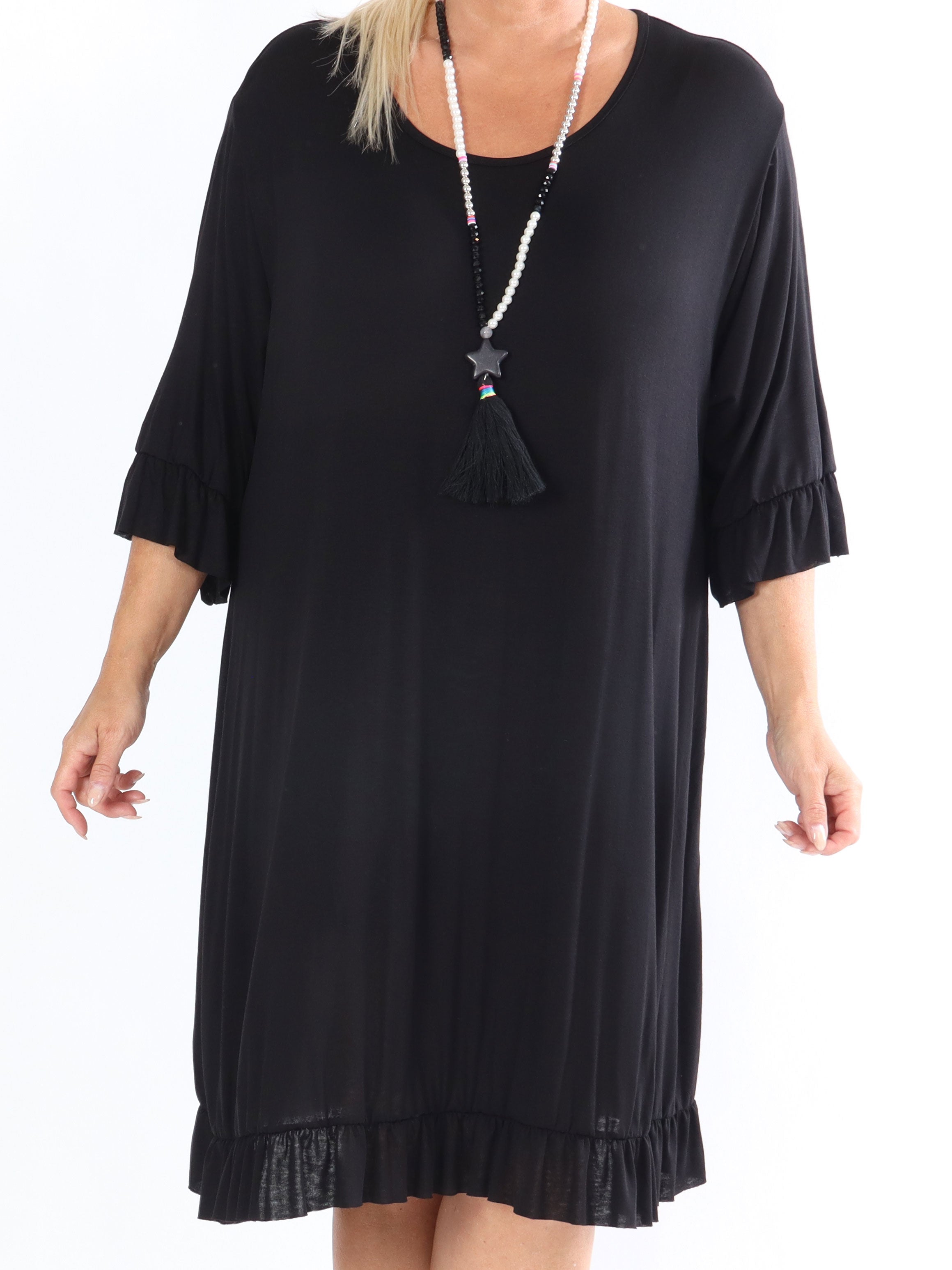 Leonara - Enkel plus size klänning i viskos med volangkanter - Orange