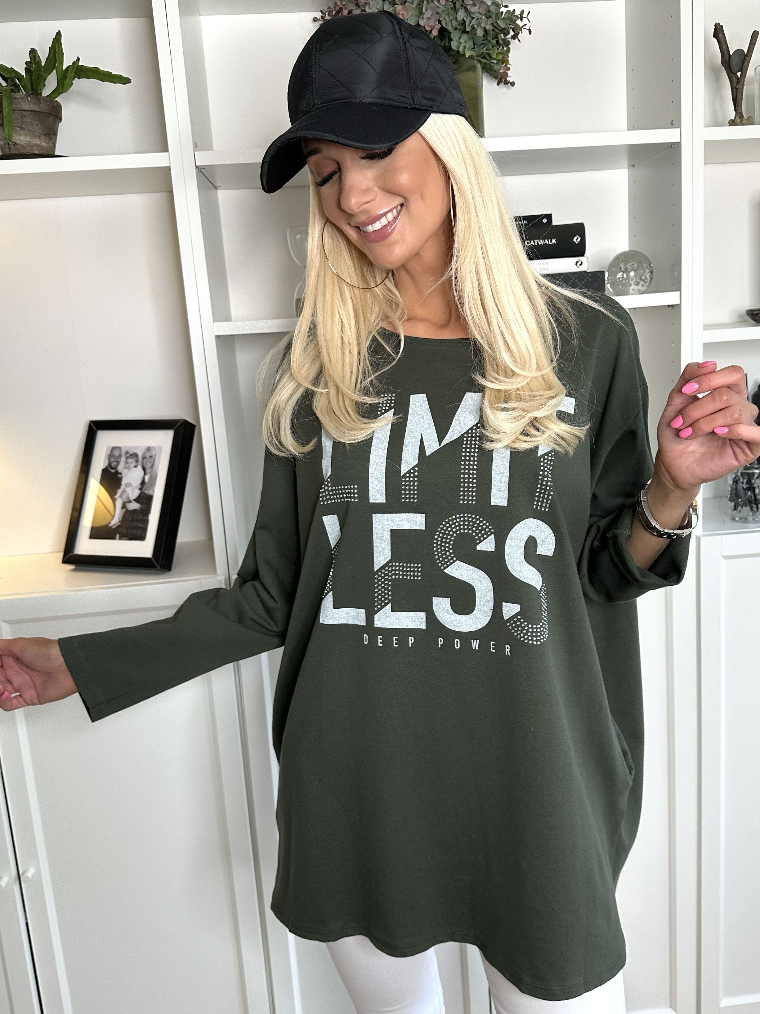 Limitless - Joggingskjorta i bomull med text och imiterad remsa - Army