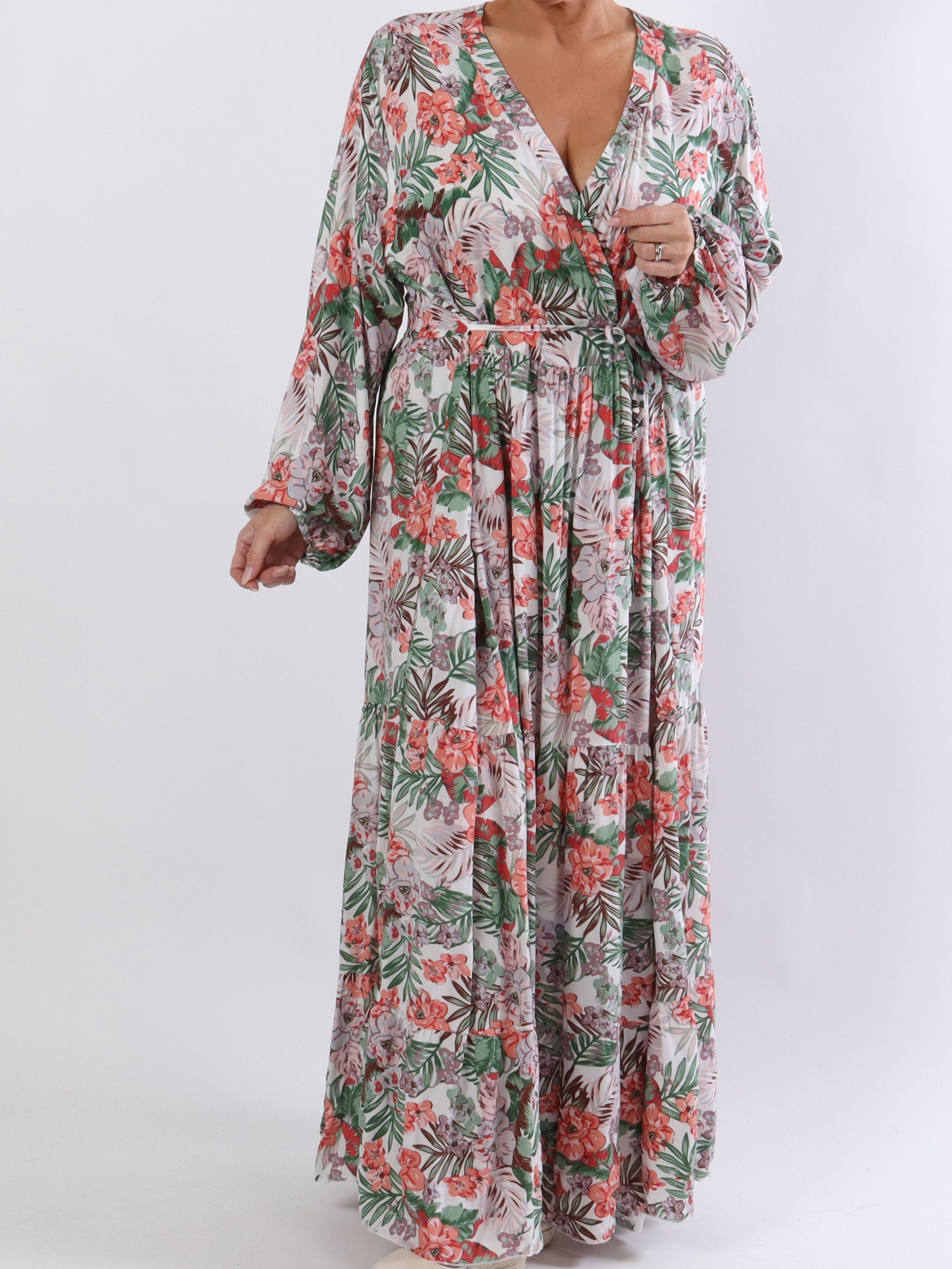 Alasca lydia - Plus size klänning i mjukt tyg med palmblad och blommor - White