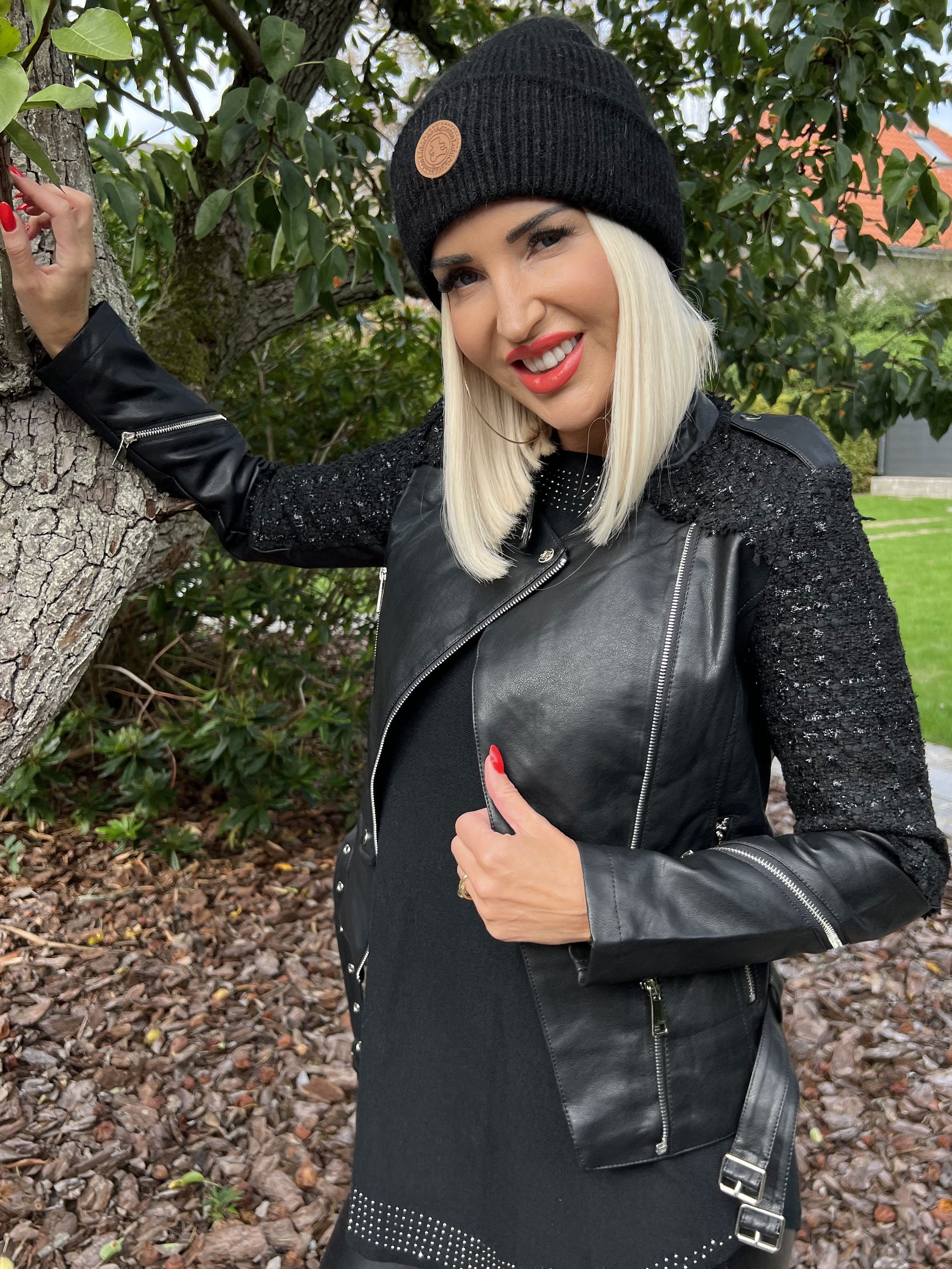 Malena - Läderlookjacka med tweed - Black