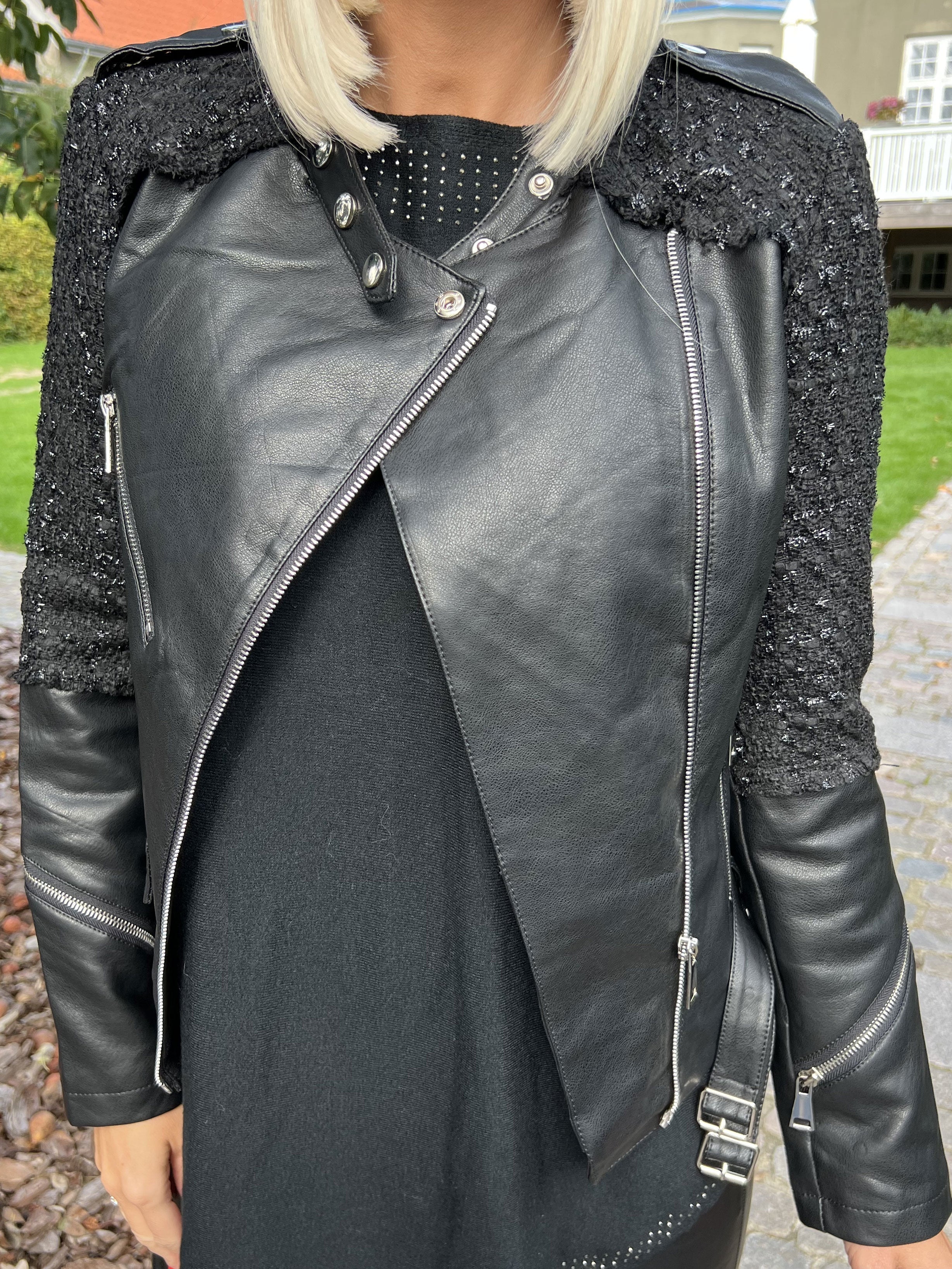 Malena - Läderlookjacka med tweed - Black