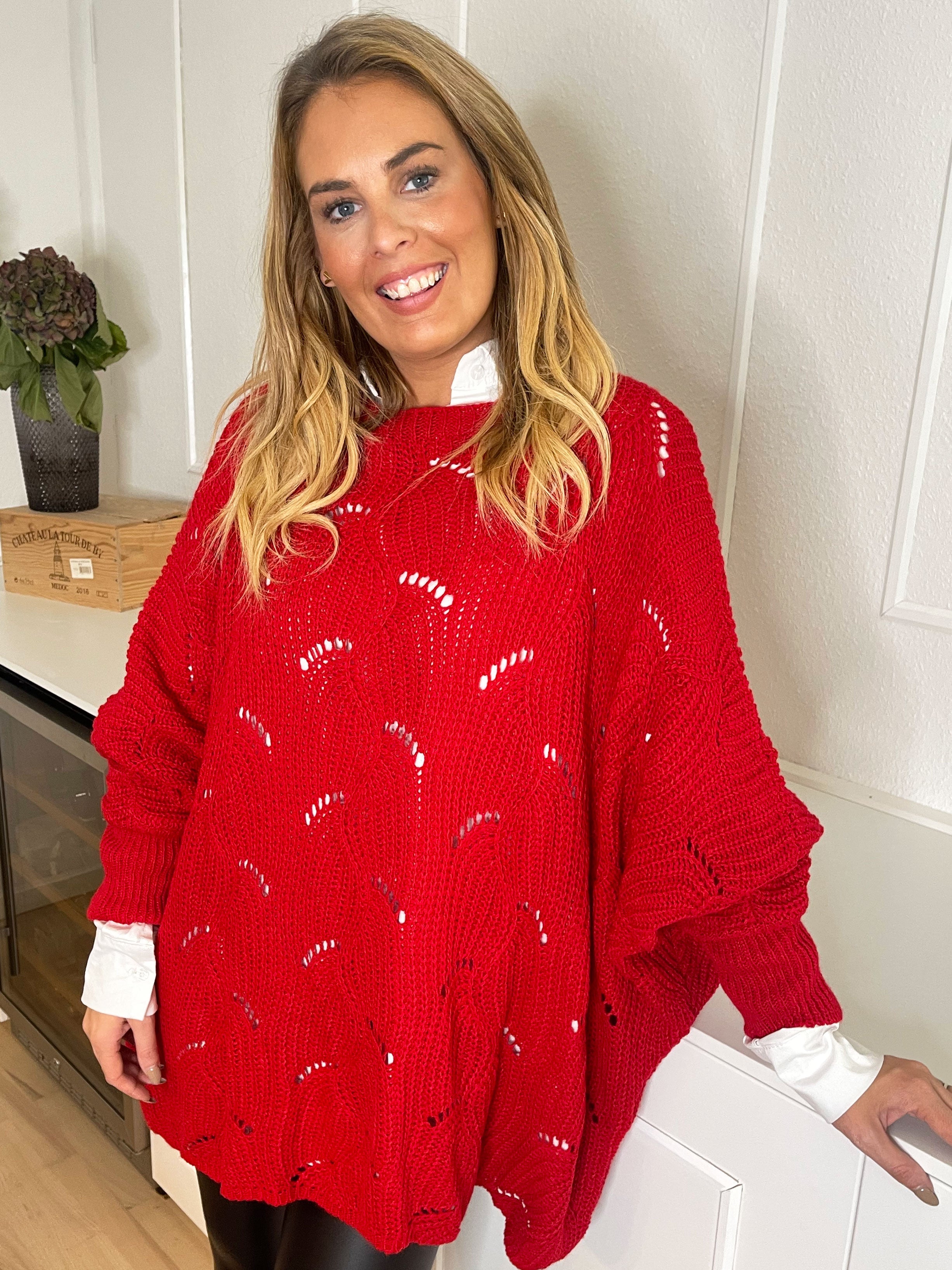 Manja - Stickad blus med hålmönster - Red