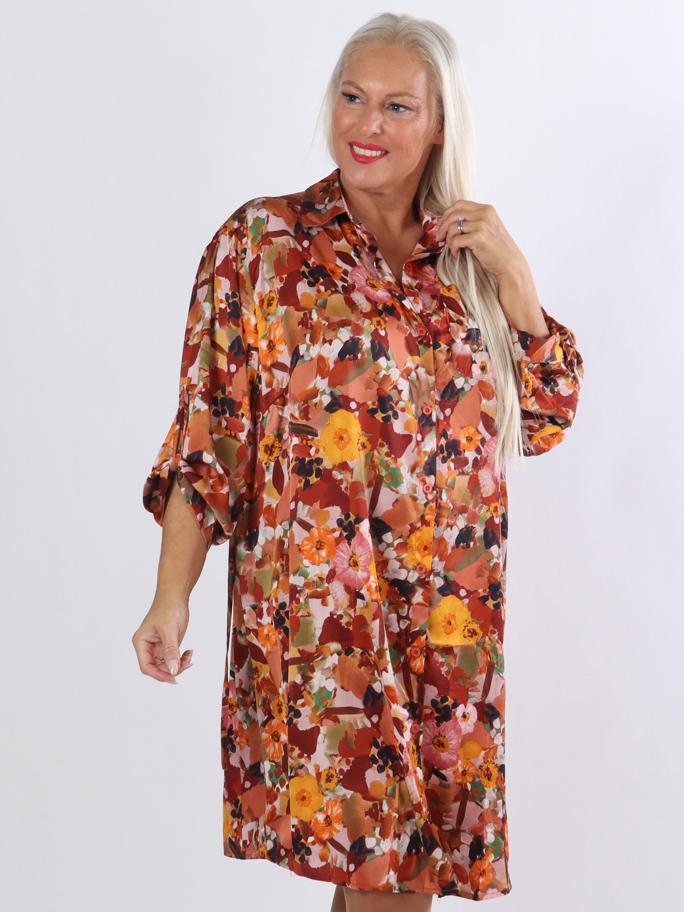 Marietia - Skjortklänning i silkeslook med blommigt tryck - Orange