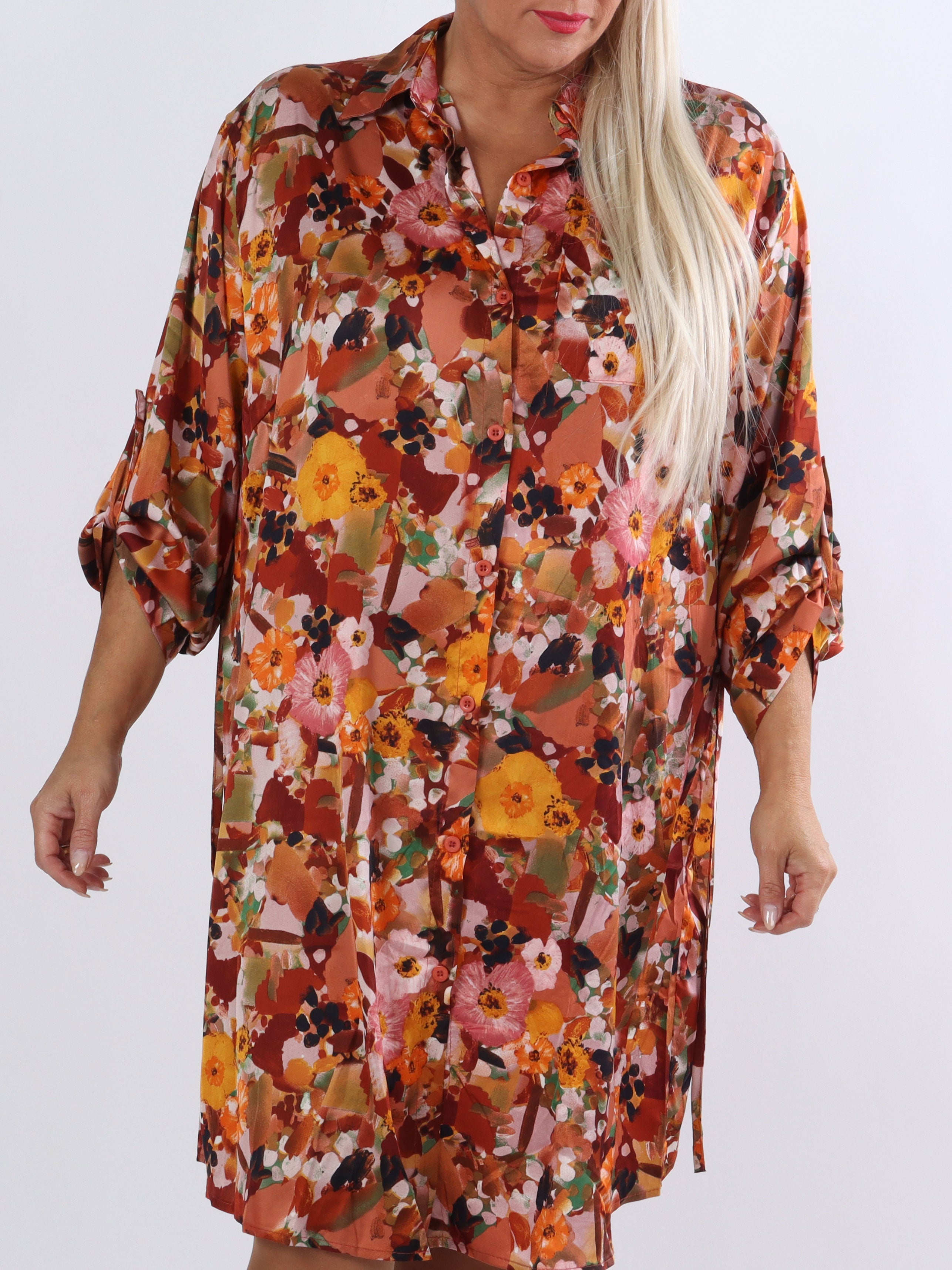 Marietia - Skjortklänning i silkeslook med blommigt tryck - Orange