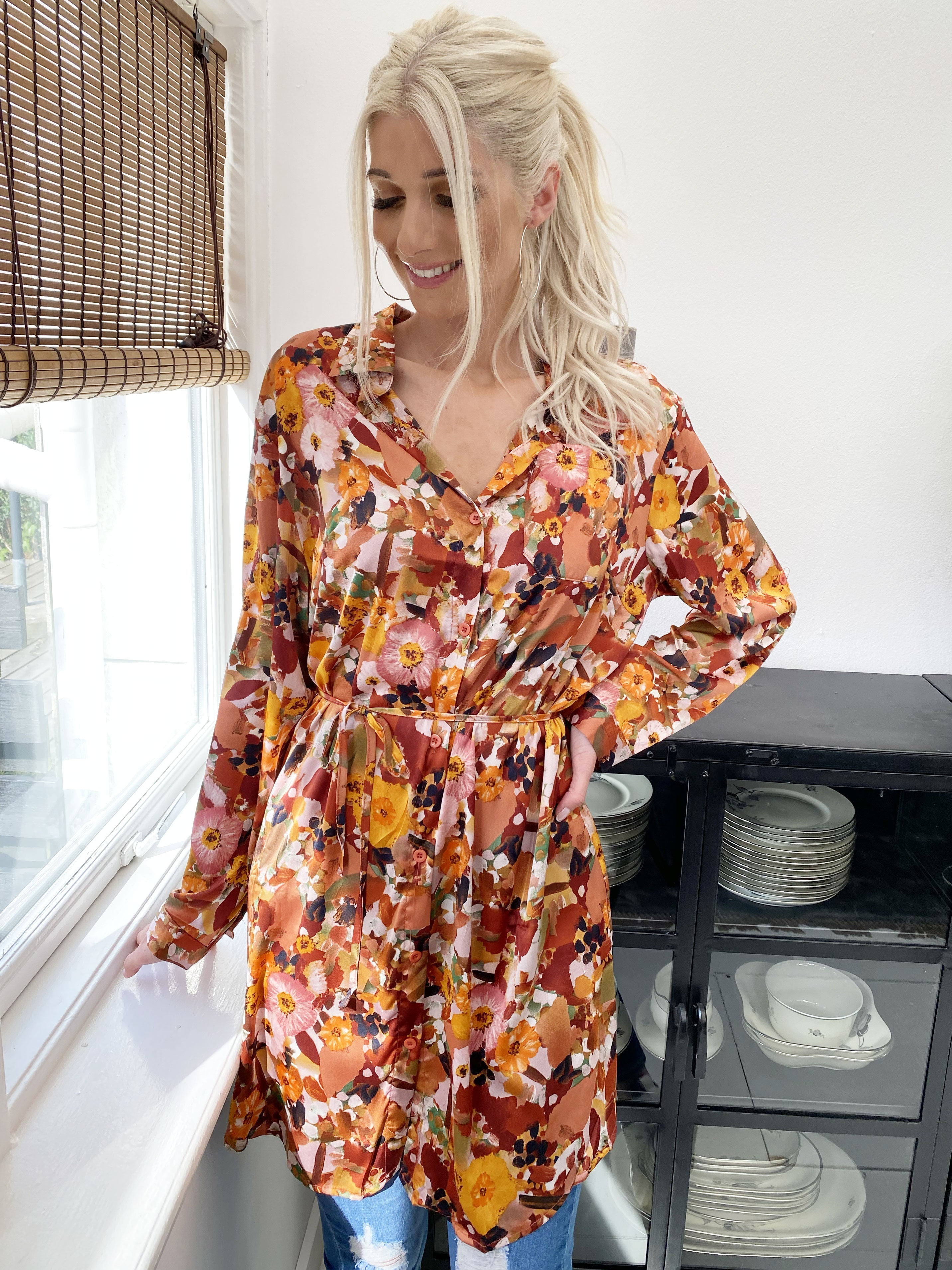 Marietia - Skjortklänning i silkeslook med blommigt tryck - Orange