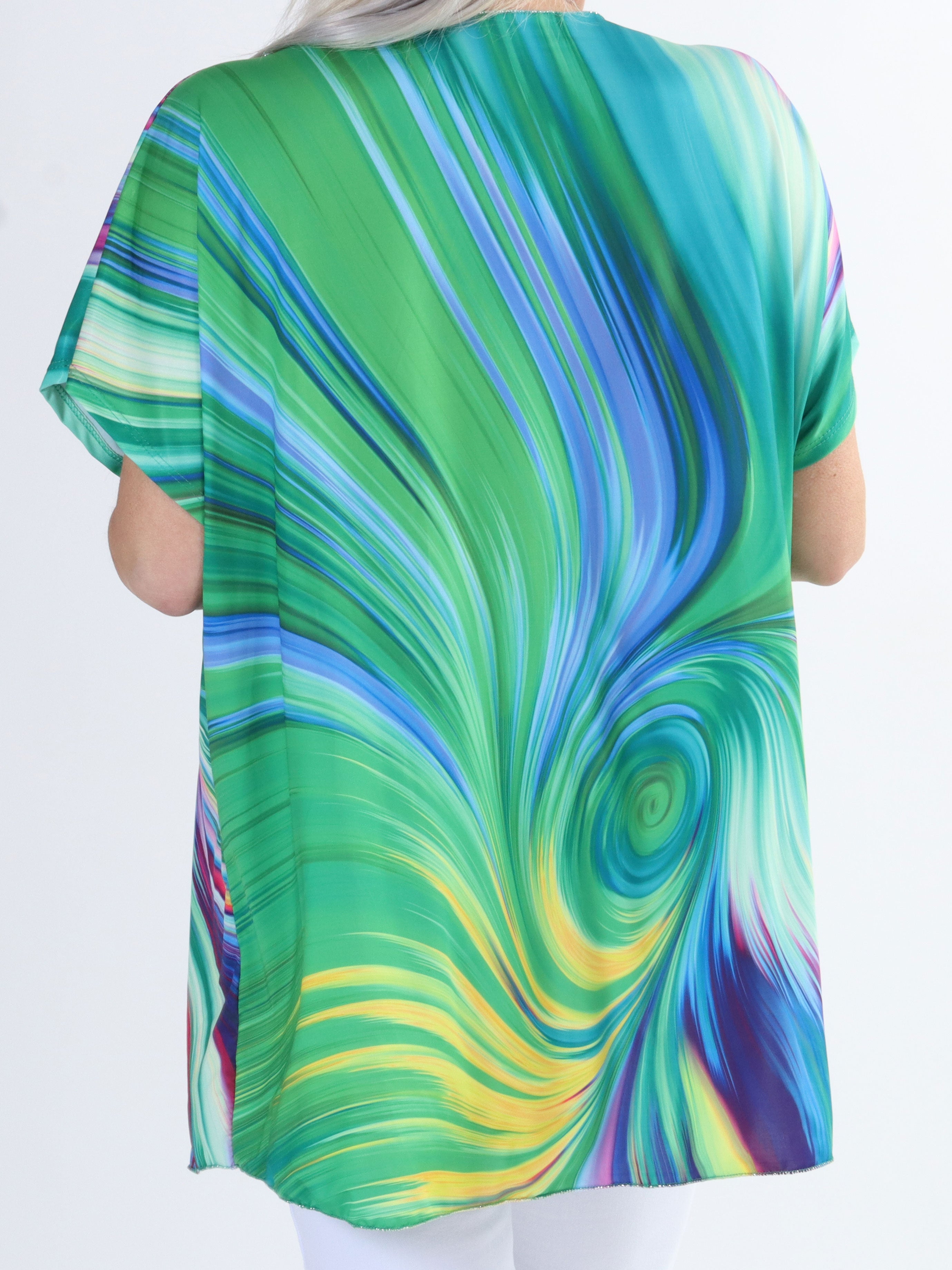 Meghan - Mångfärgad plus size blus med tunn glitterkant