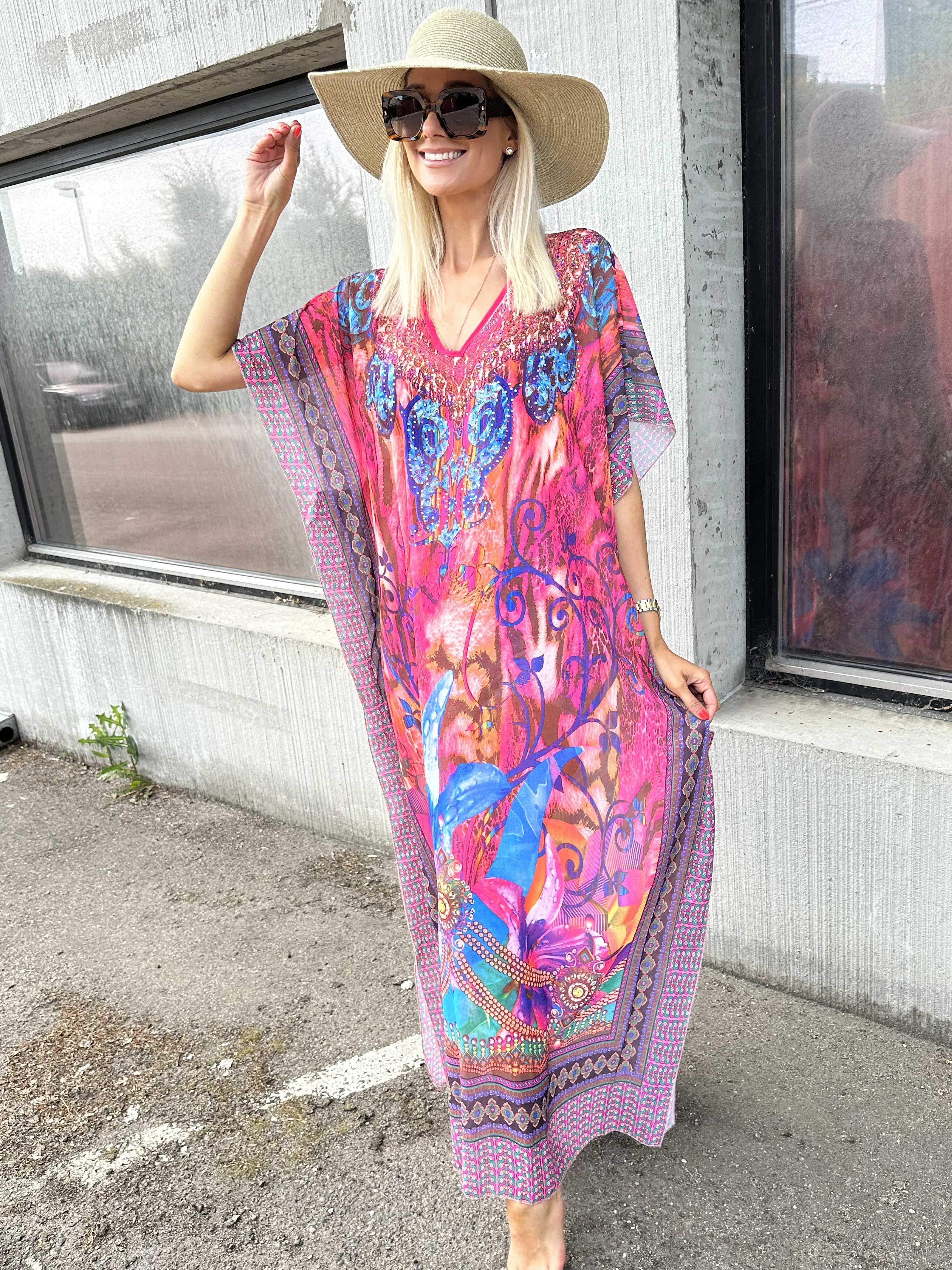 Mellie - Lång färgad halvtransparent tunika med fuskpälskant