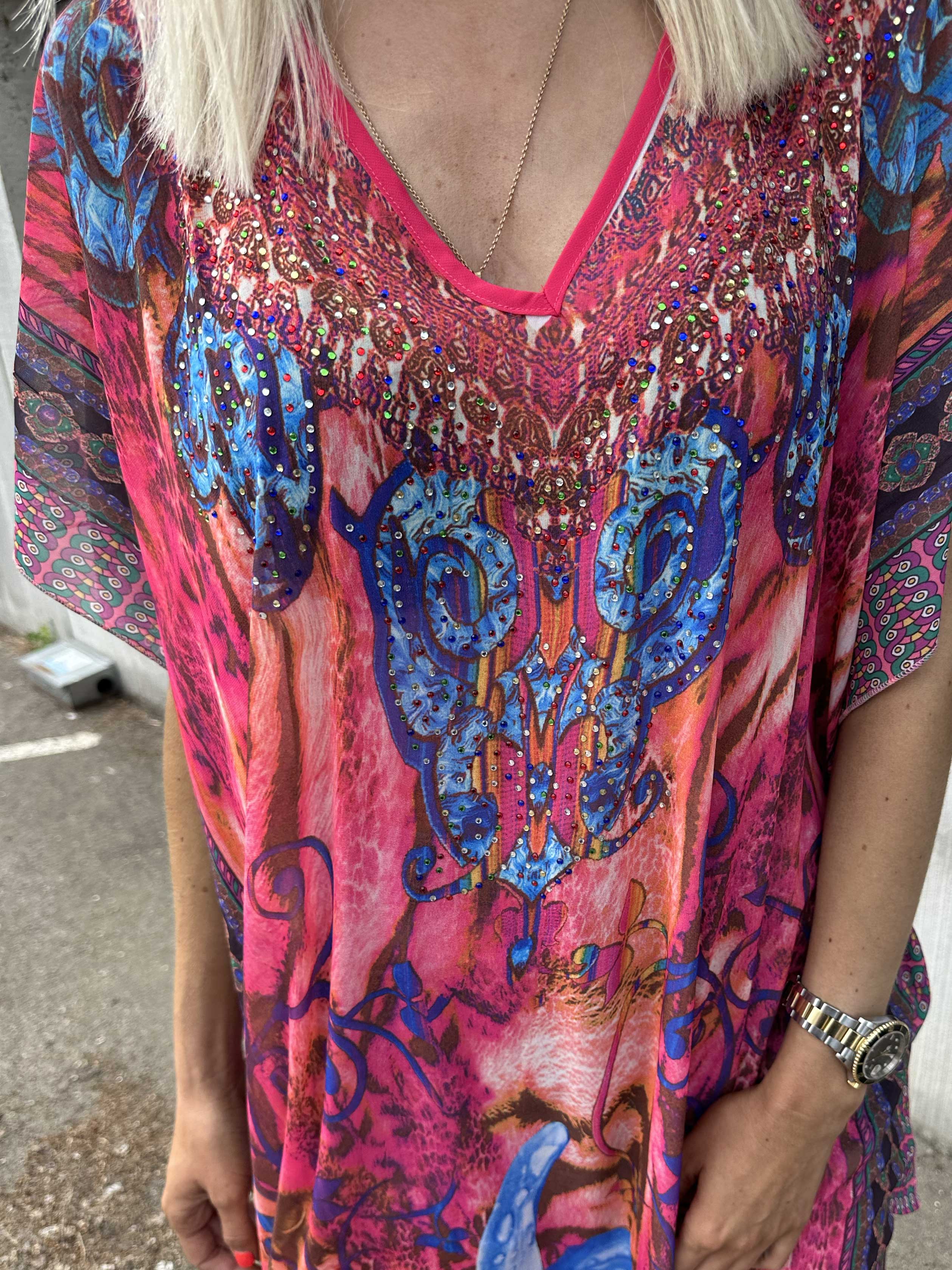 Mellie - Lång färgad halvtransparent tunika med fuskpälskant