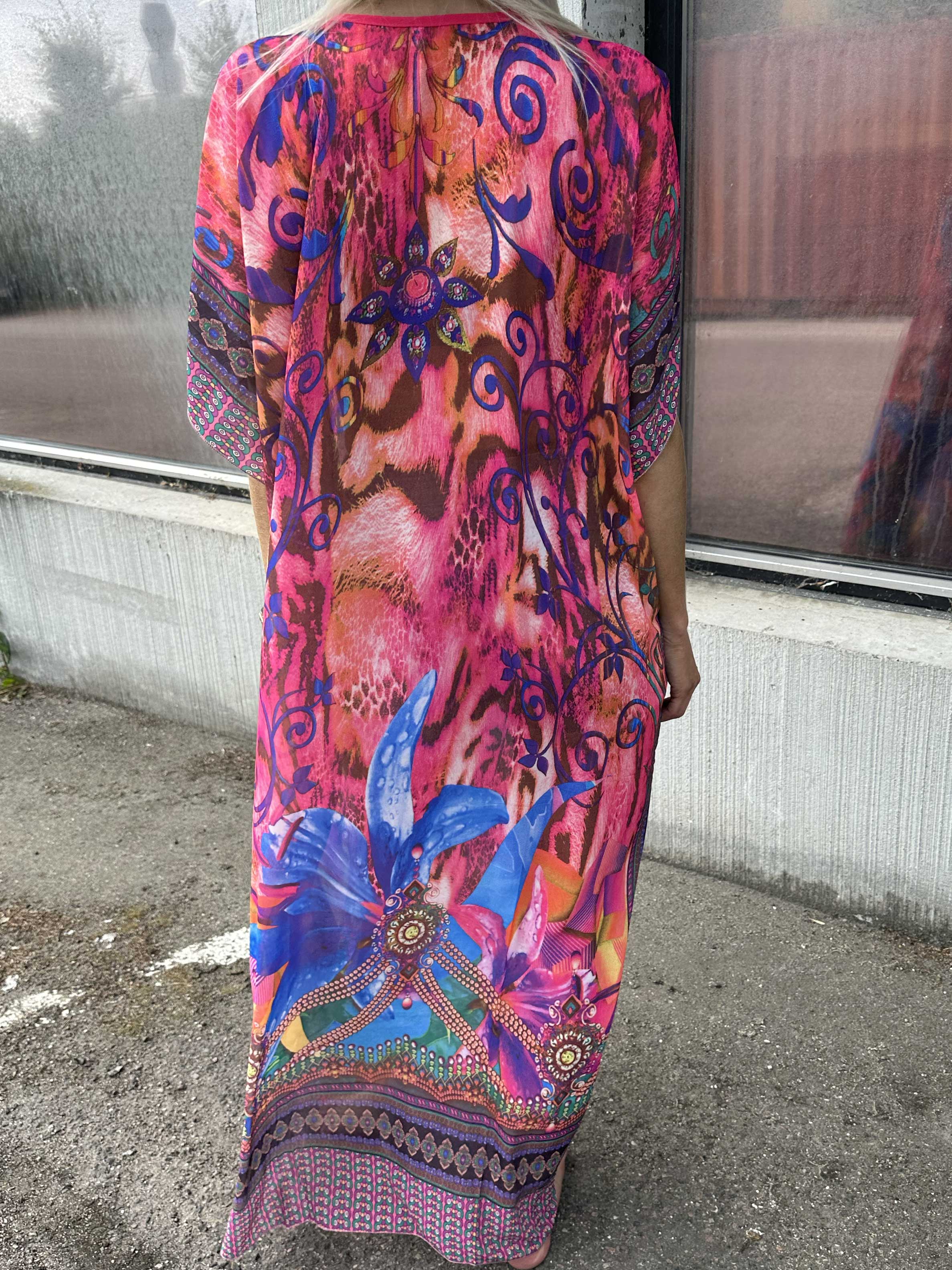 Mellie - Lång färgad halvtransparent tunika med fuskpälskant