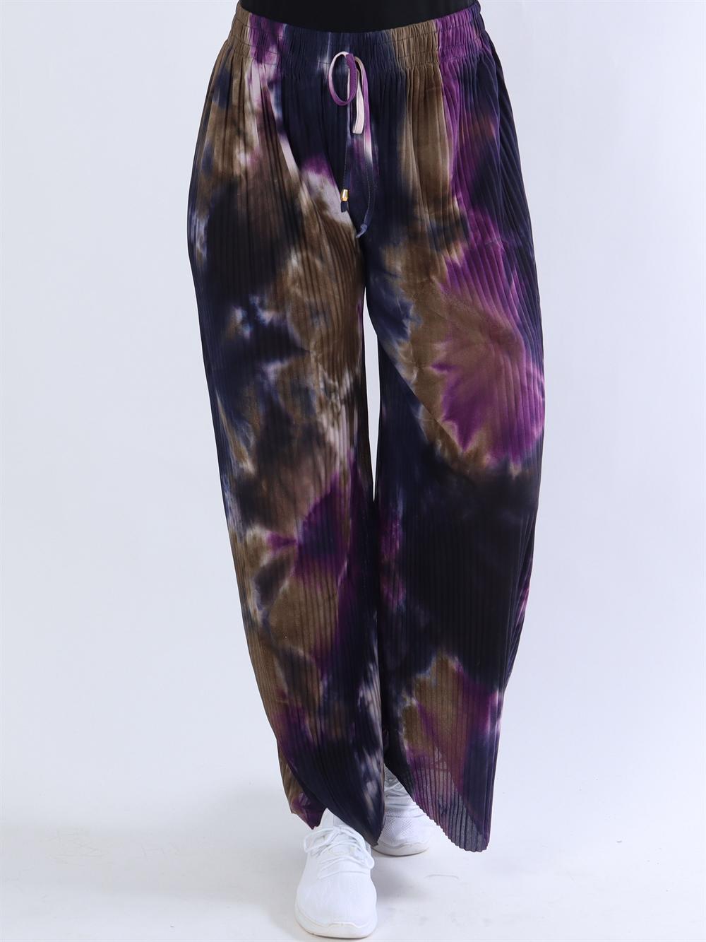 Mikkeline - Plisserade byxor i army, rosa och lila nyanser