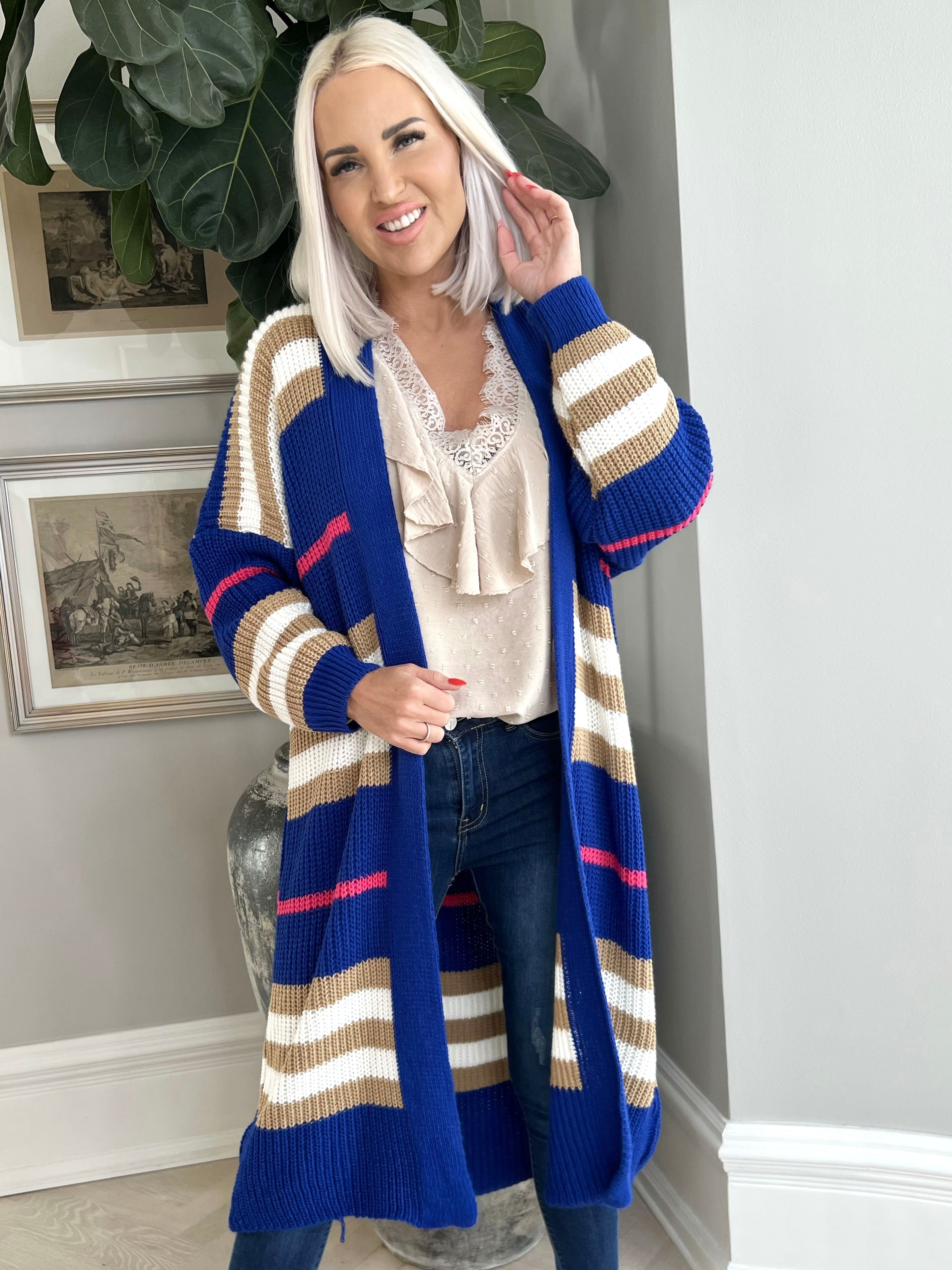 Mikla - Lång randig kofta i stickad