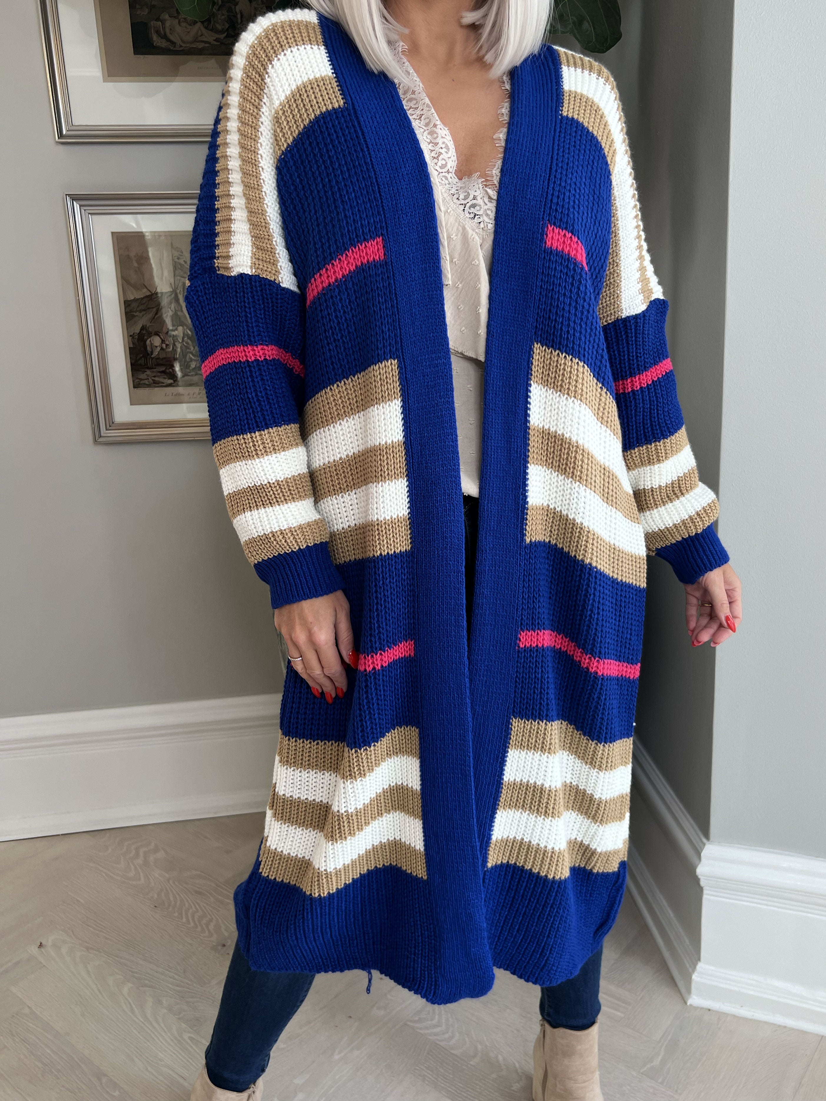 Mikla - Lång randig plus size kofta i stickad