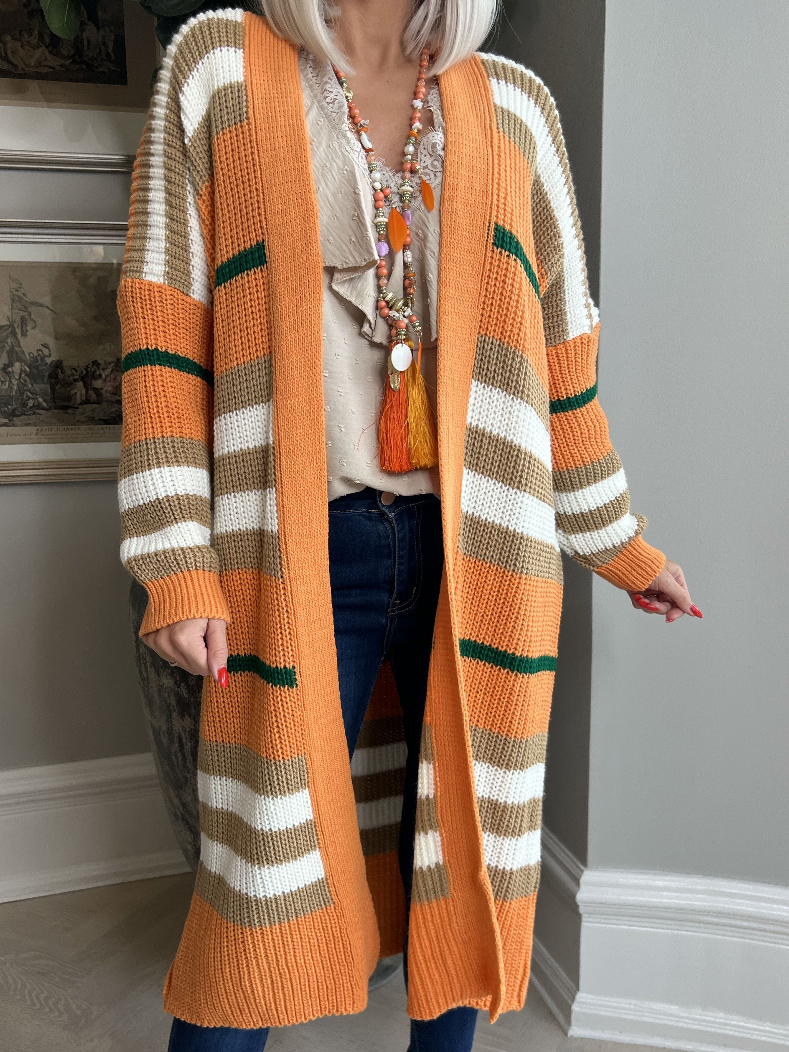 Mikla - Lång randig plus size kofta i stickad