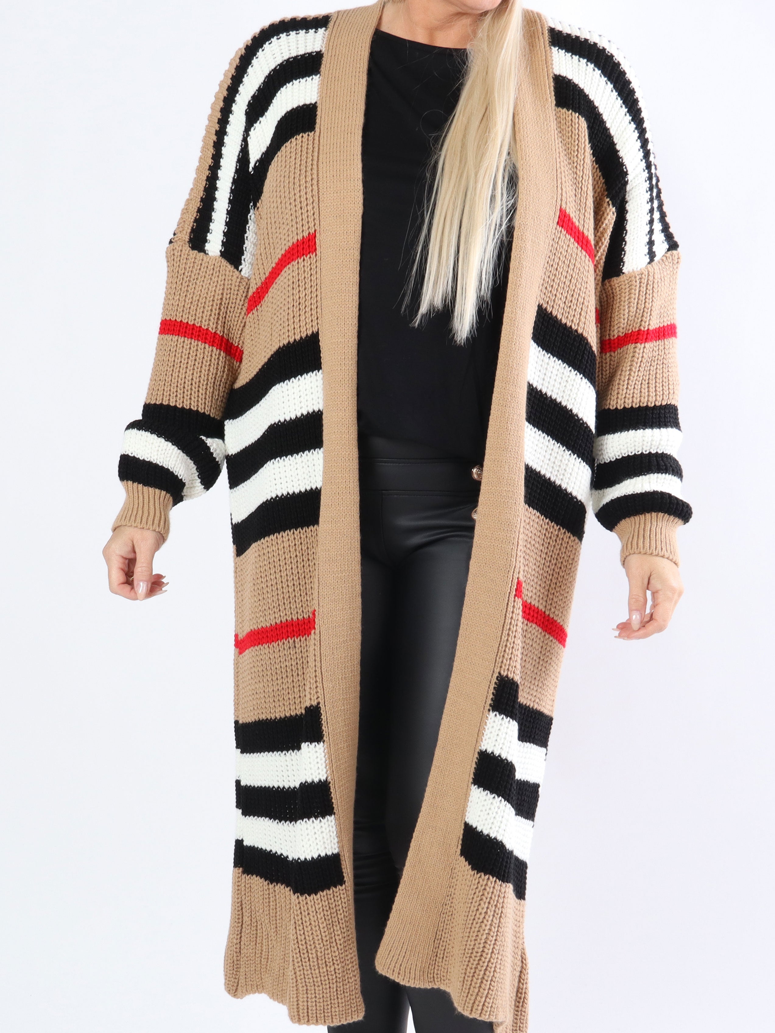 Mikla - Lång randig plus size kofta i stickad