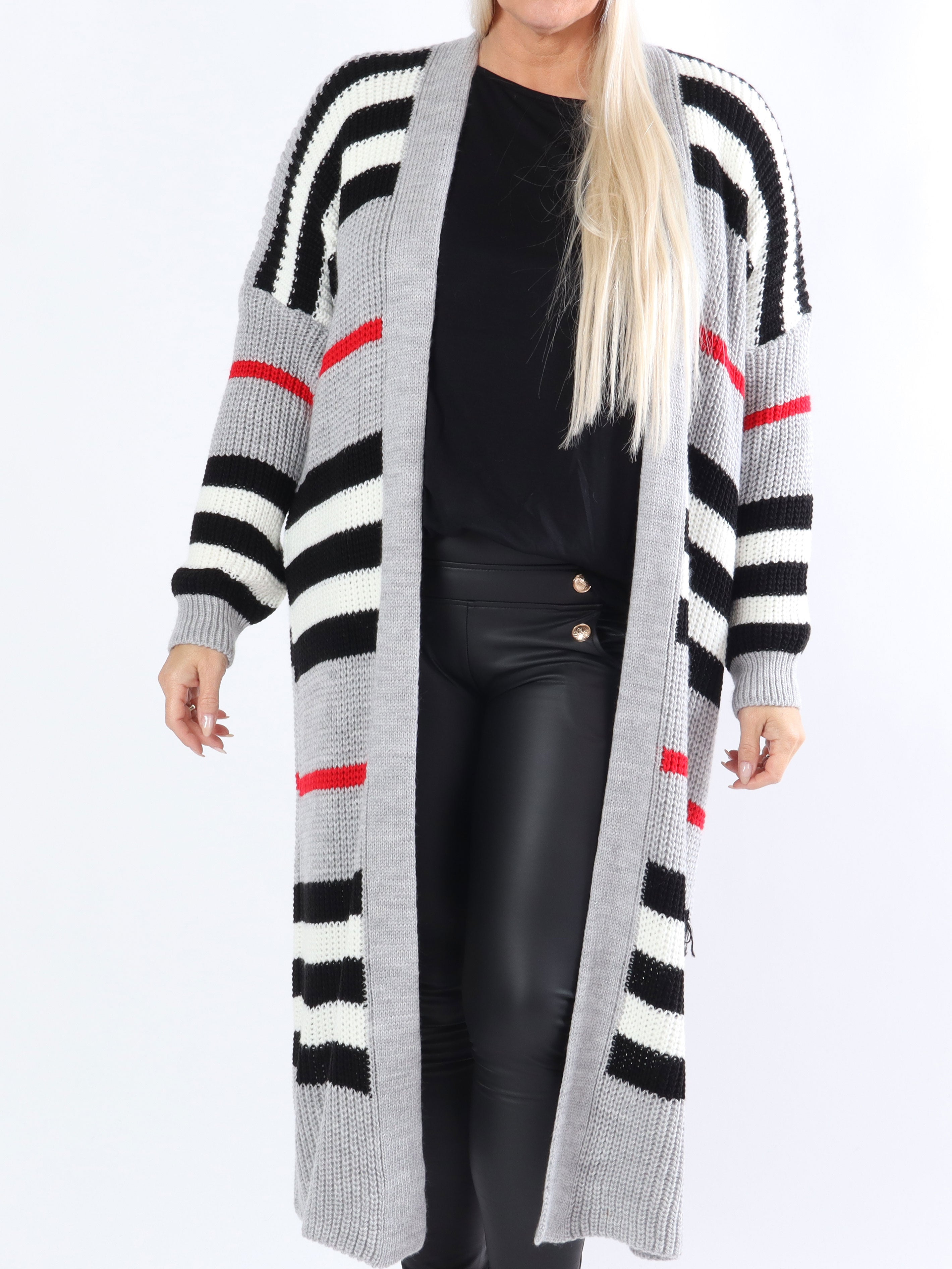 Mikla - Lång randig plus size kofta i stickad