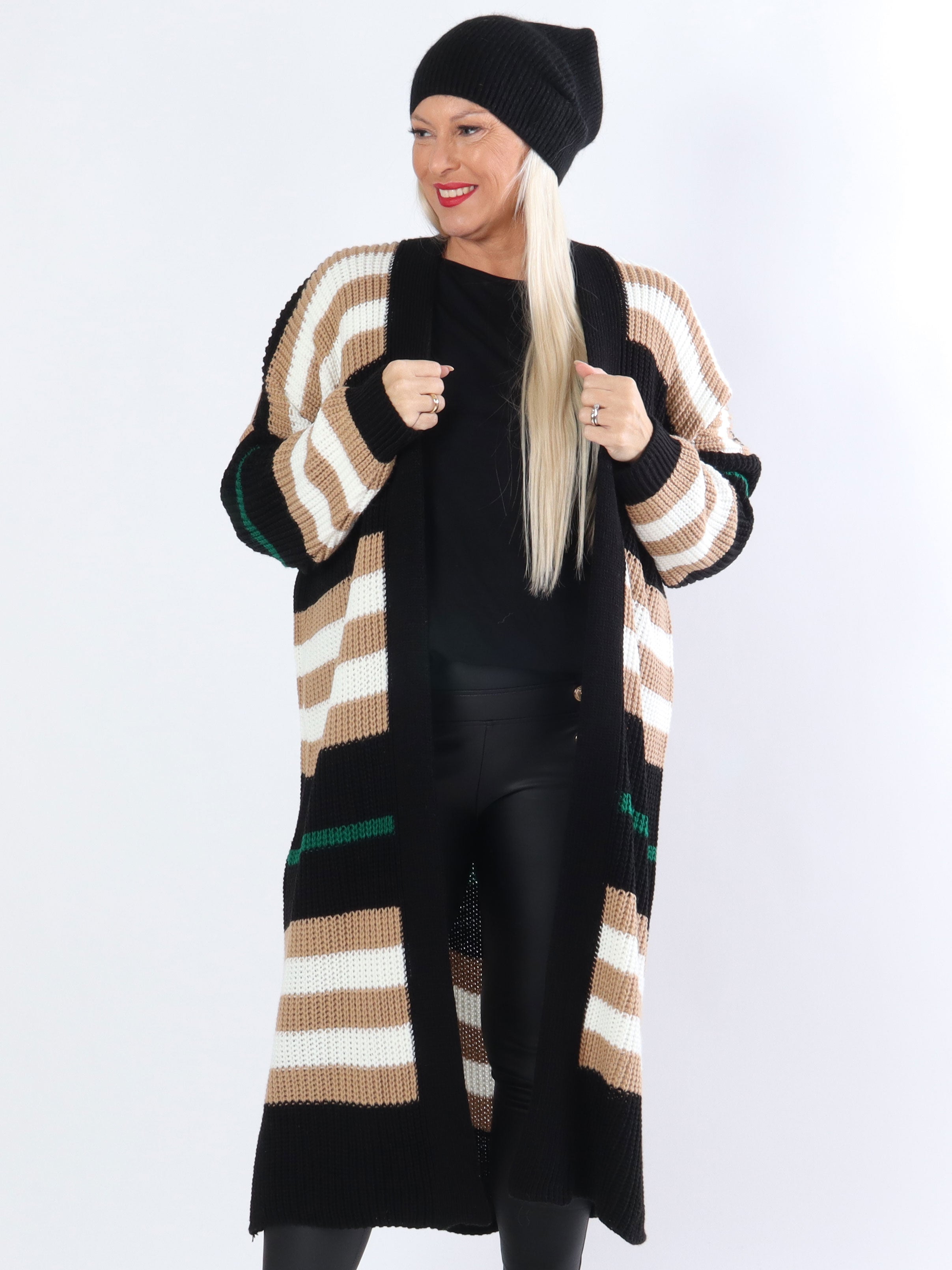 Mikla - Lång randig plus size kofta i stickad