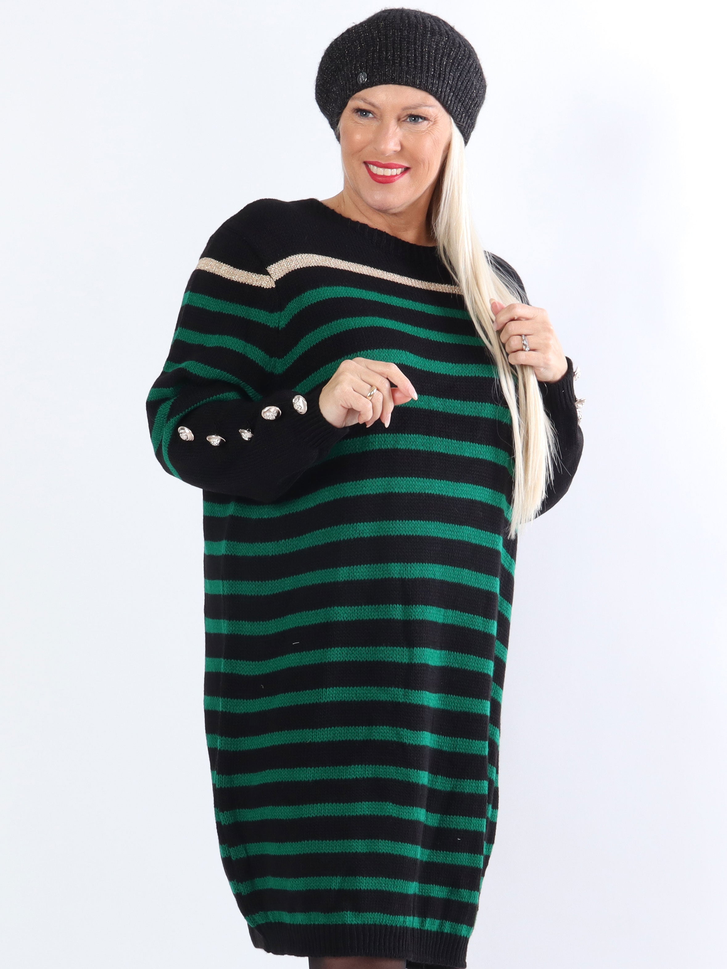 Mirindi - Plus size stickad klänning med ränder och knappar