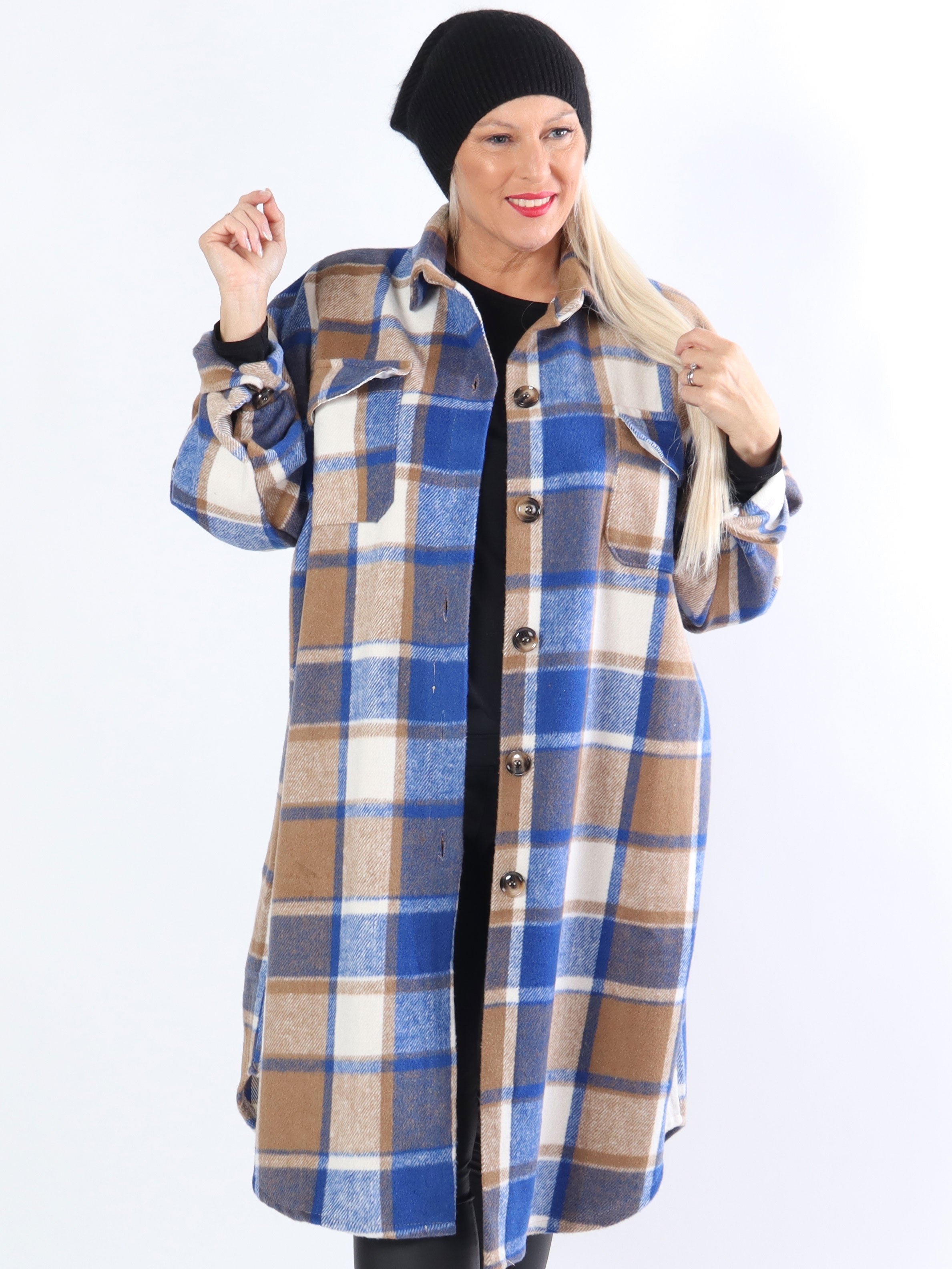 Natalia - Lång rutig plus size jacka med knappar - Camel