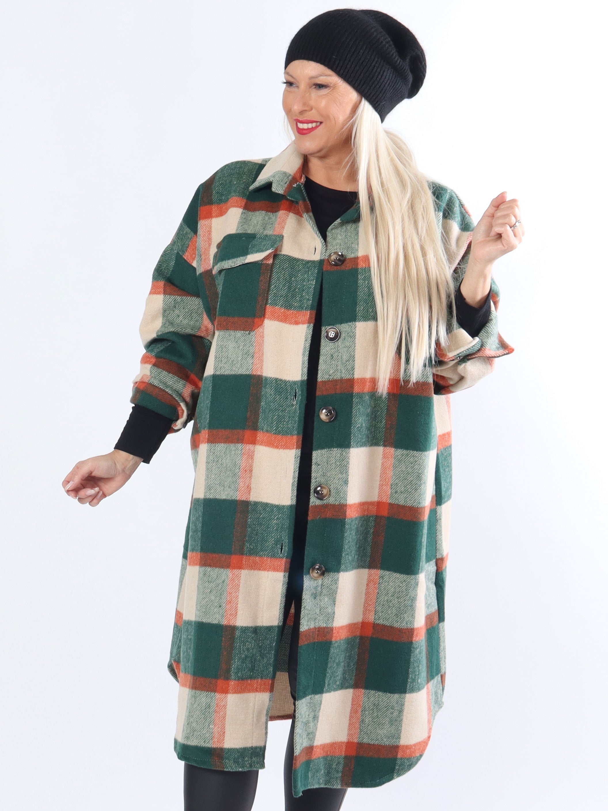 Natalia - Lång rutig plus size jacka med knappar