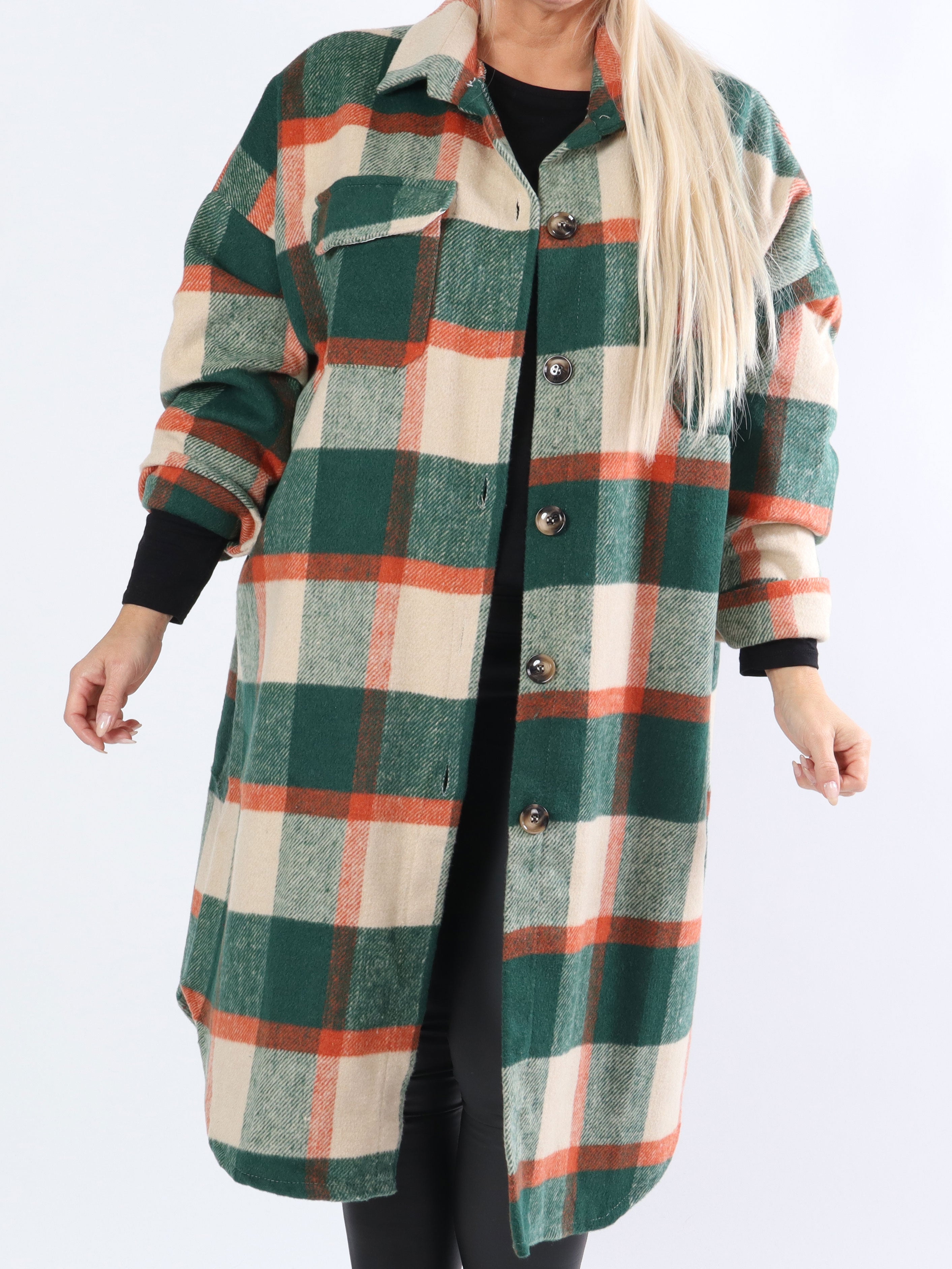 Natalia - Lång rutig plus size jacka med knappar