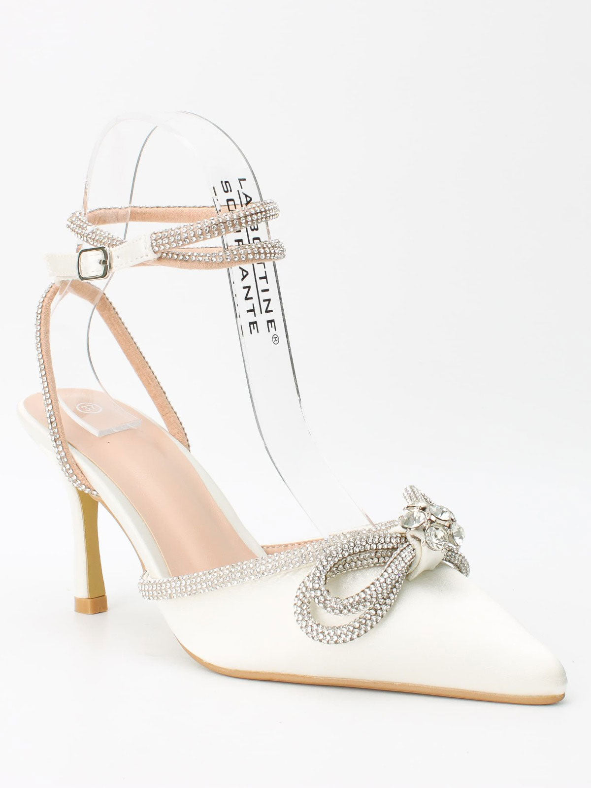 Natalie - Stilettos med rosett och rem som är utsmyckade med imiterad gjutning - White