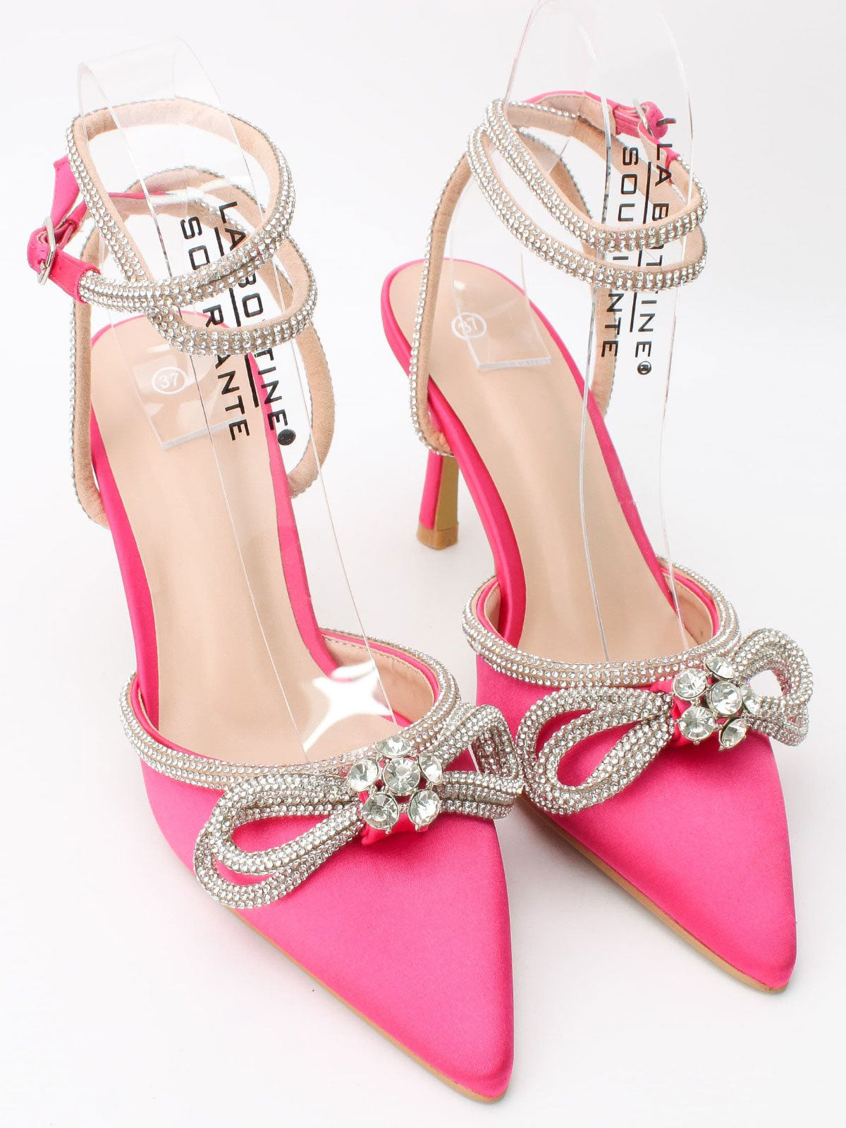 Natalie - Stilettos med rosett och rem som är utsmyckade med imiterad gjutning - Pink