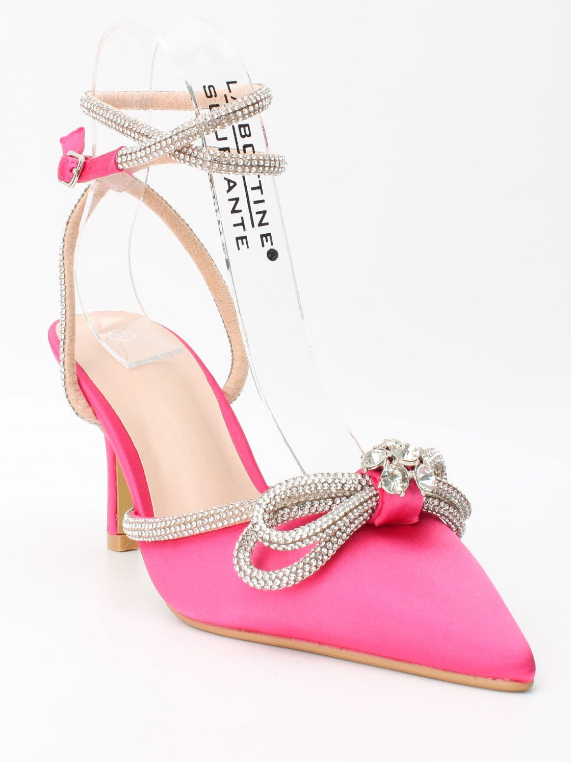 Natalie - Stilettos med rosett och rem som är utsmyckade med imiterad gjutning - Pink