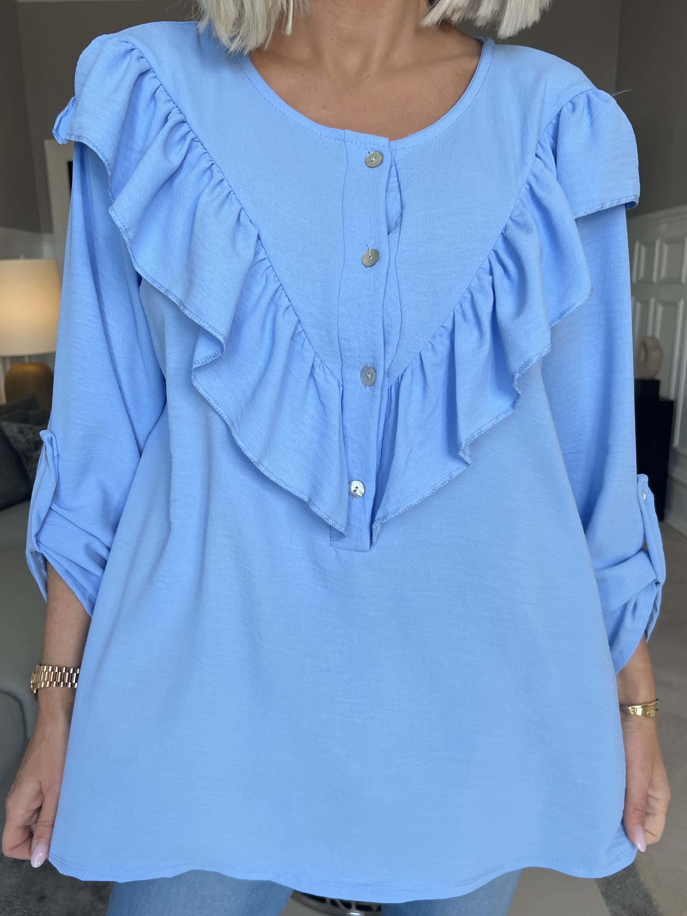 Nicola - Söt blus med volanger och knappar - Yellow