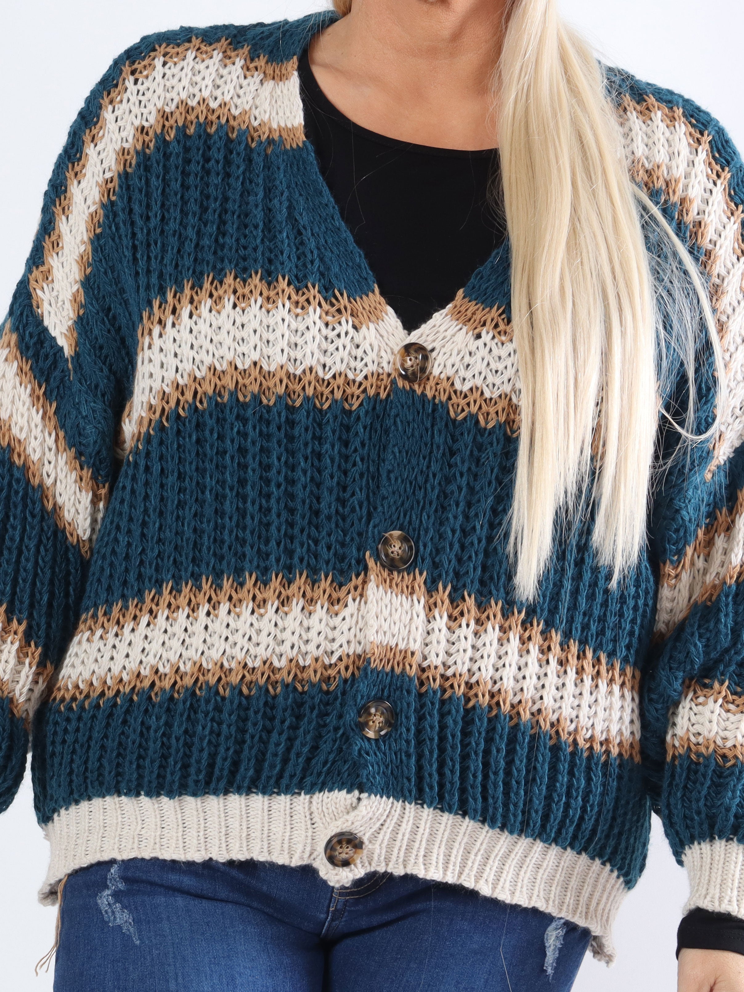 Noelia - Kort stickad plus size kofta med ränder - Purple