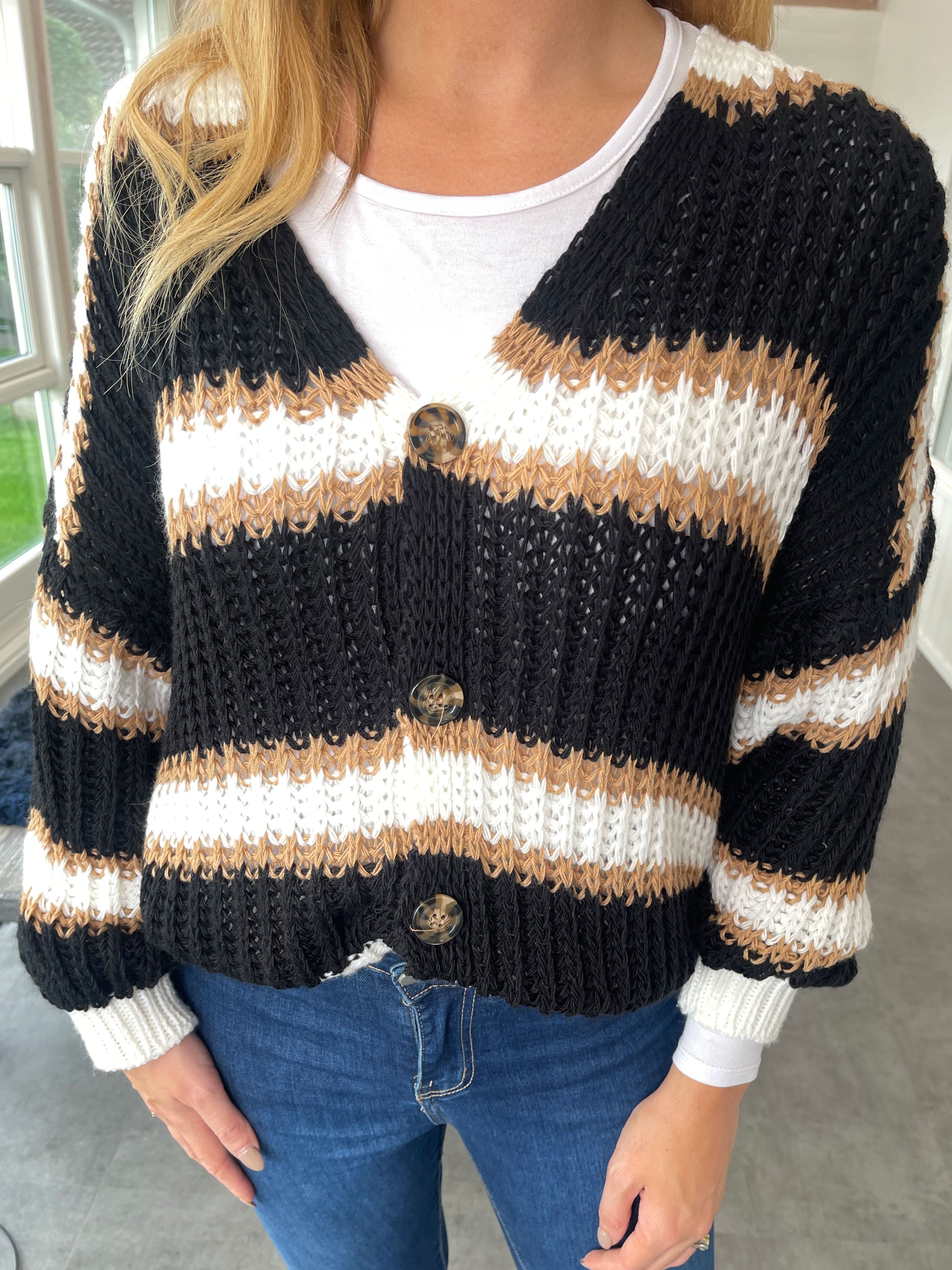 Noelia - Kort stickad kofta med ränder - White