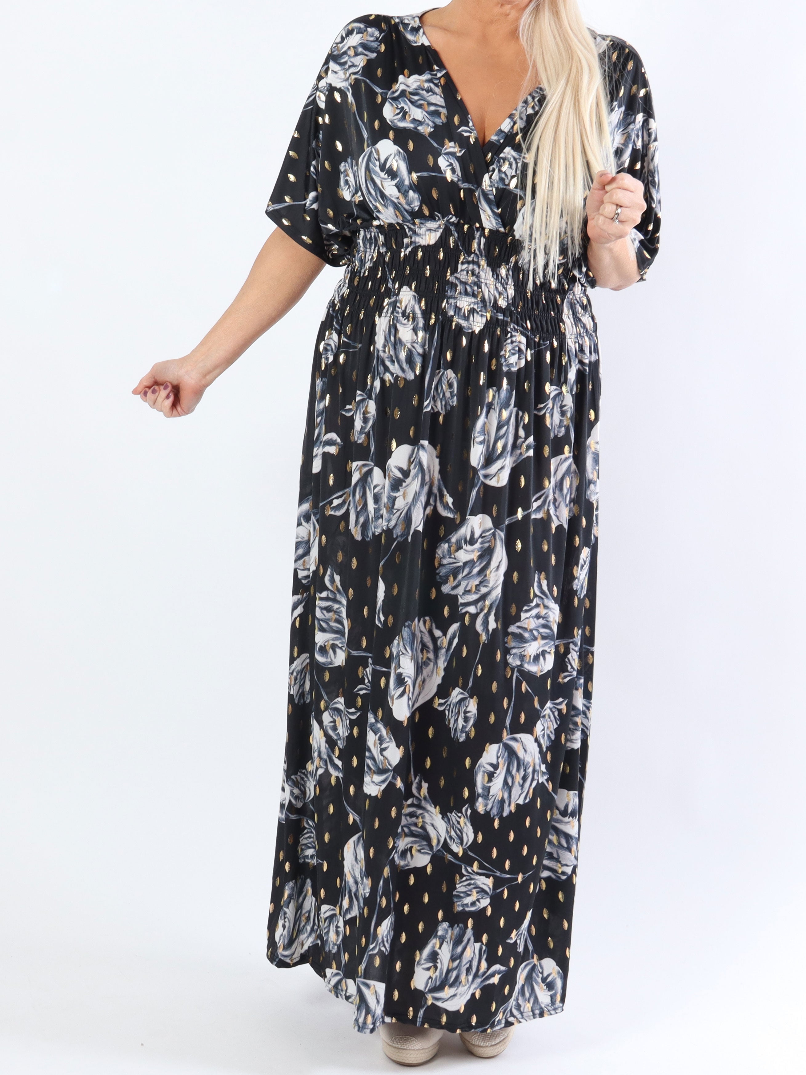 Pams Rose - Lång stretchig plus size klänning i skrynkelfritt material