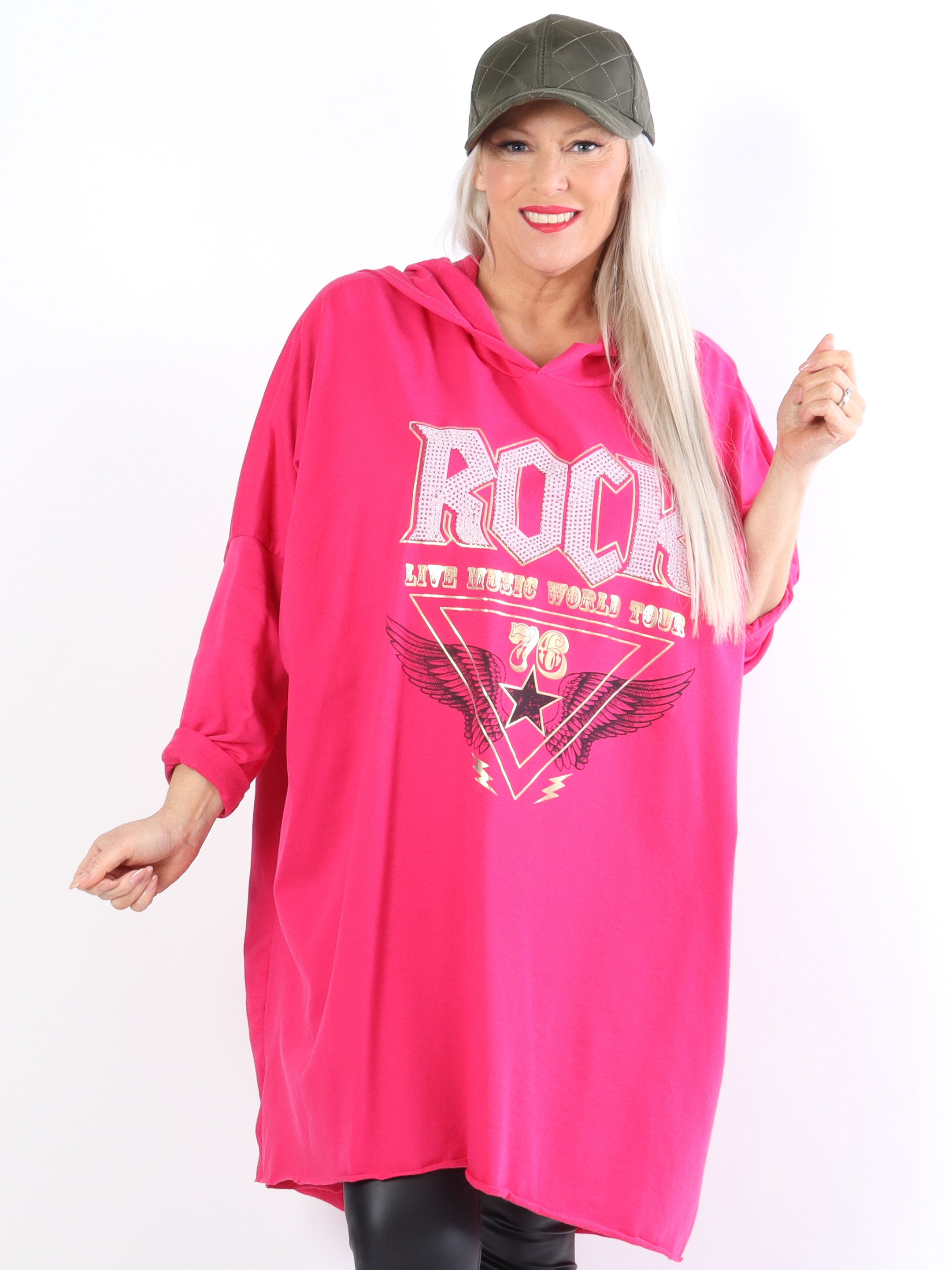 Rock - Cool klänning i stora storlekar med huva och text