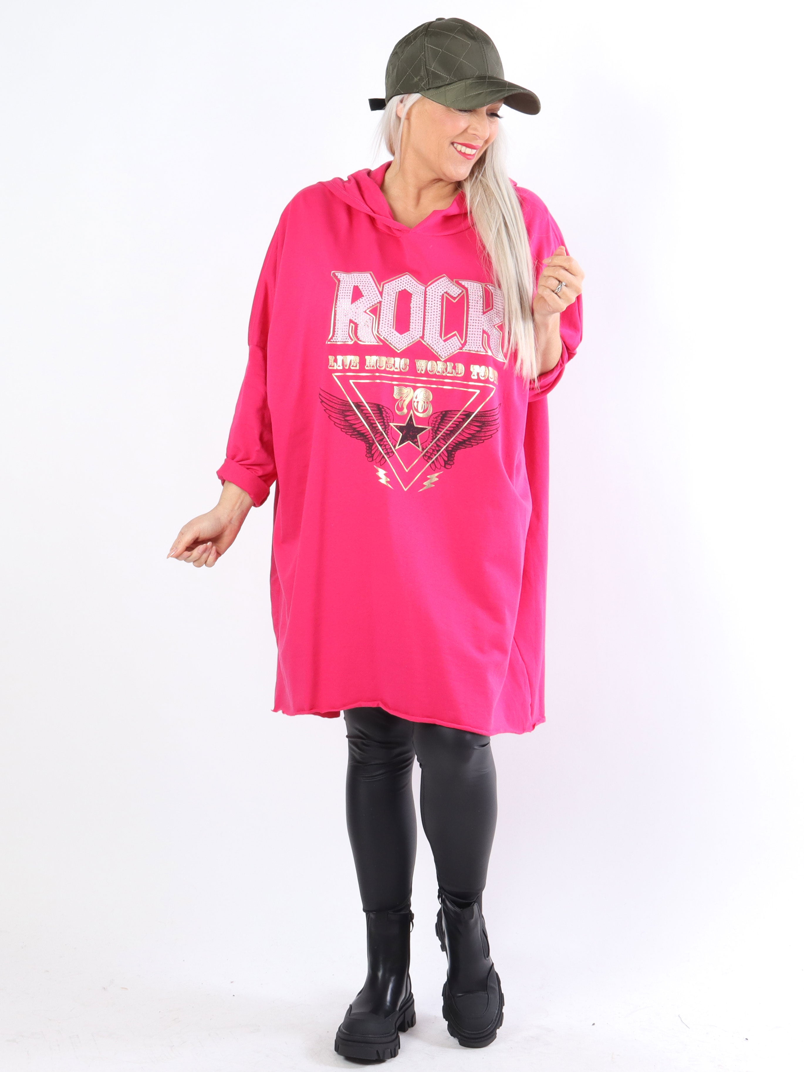 Rock - Cool klänning i stora storlekar med huva och text