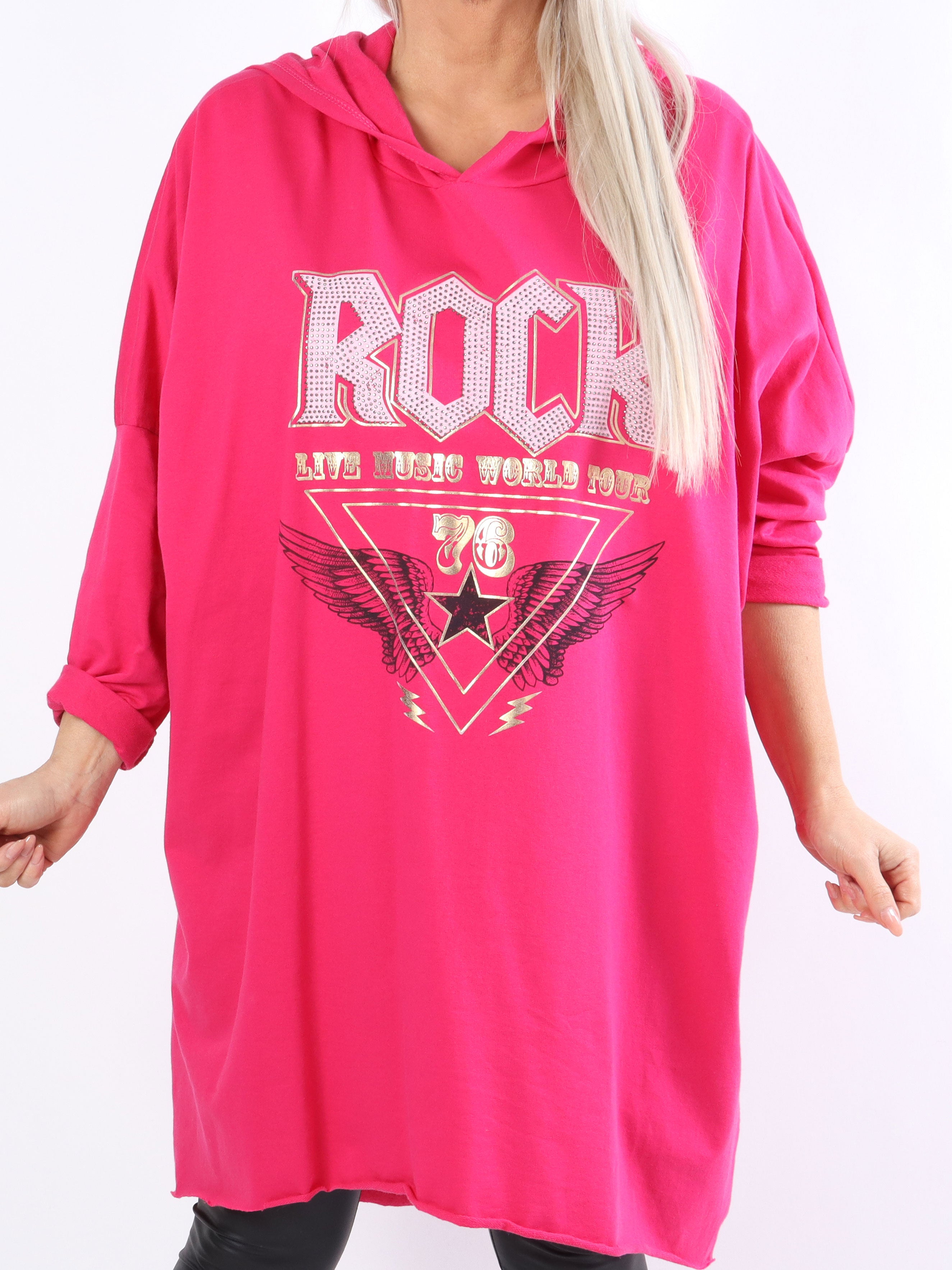 Rock - Cool klänning i stora storlekar med huva och text