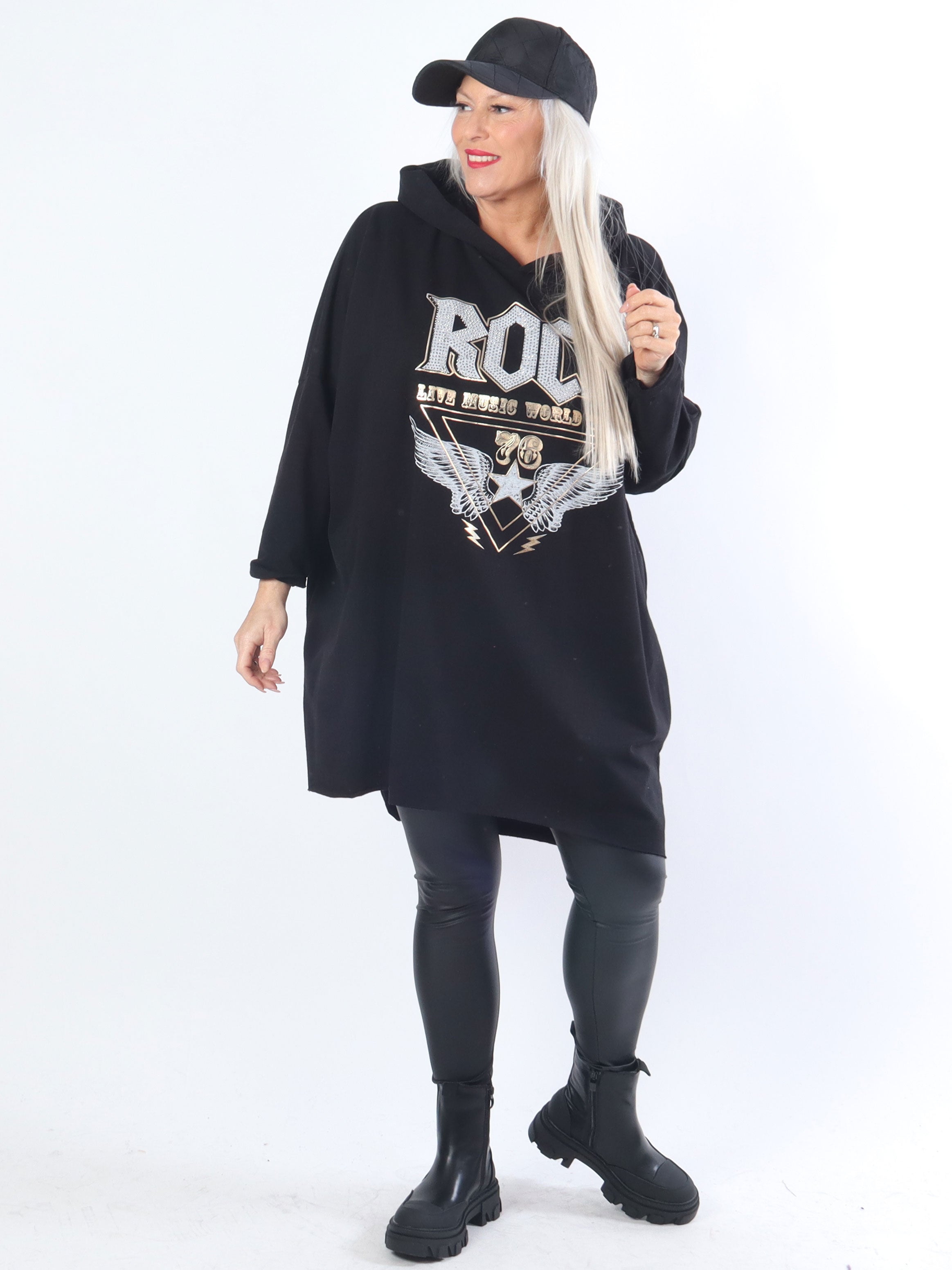 Rock - Cool klänning i stora storlekar med huva och text