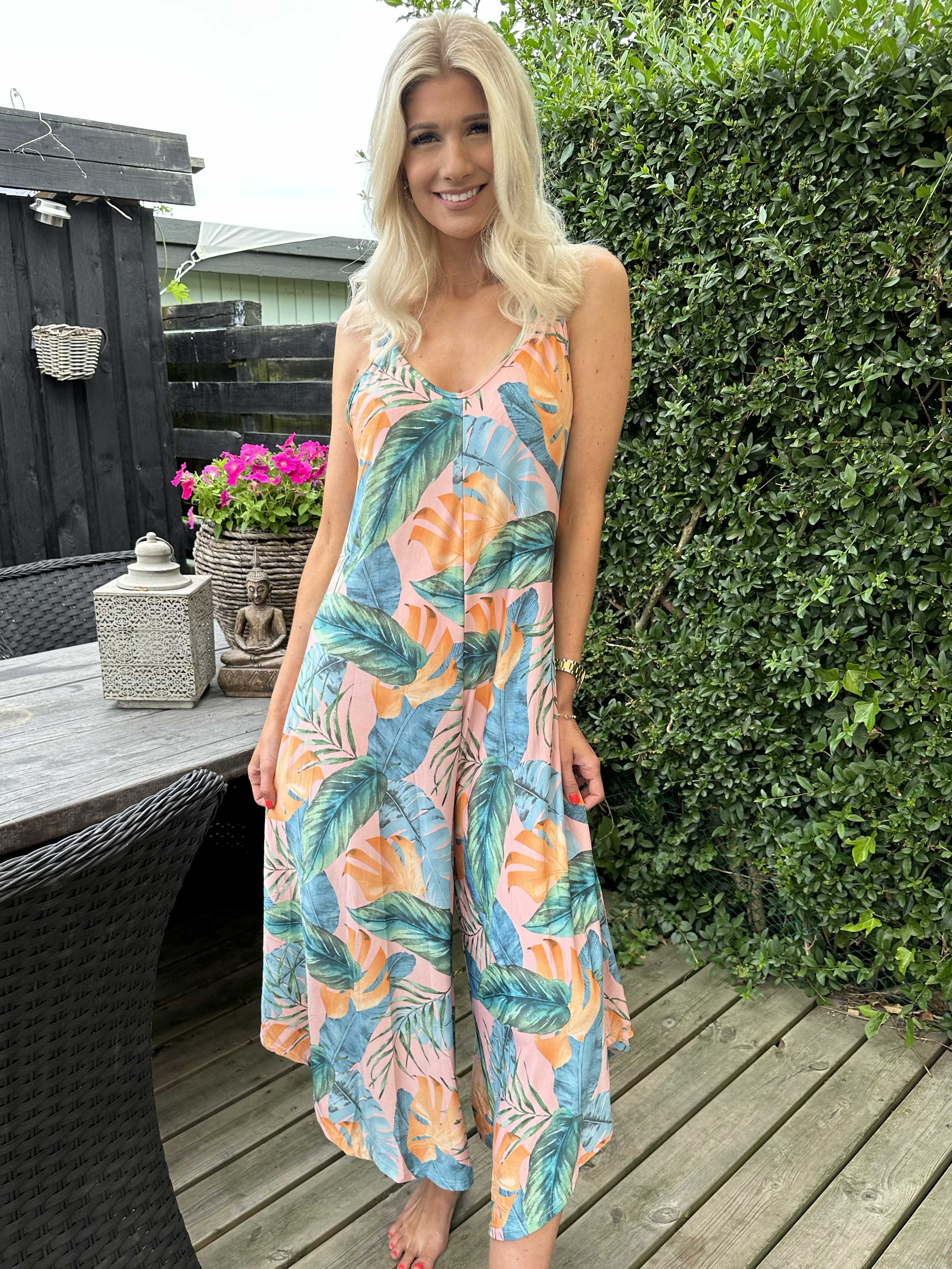 Safira Multi Leaf - Stretchig byxdress med vida ben - White