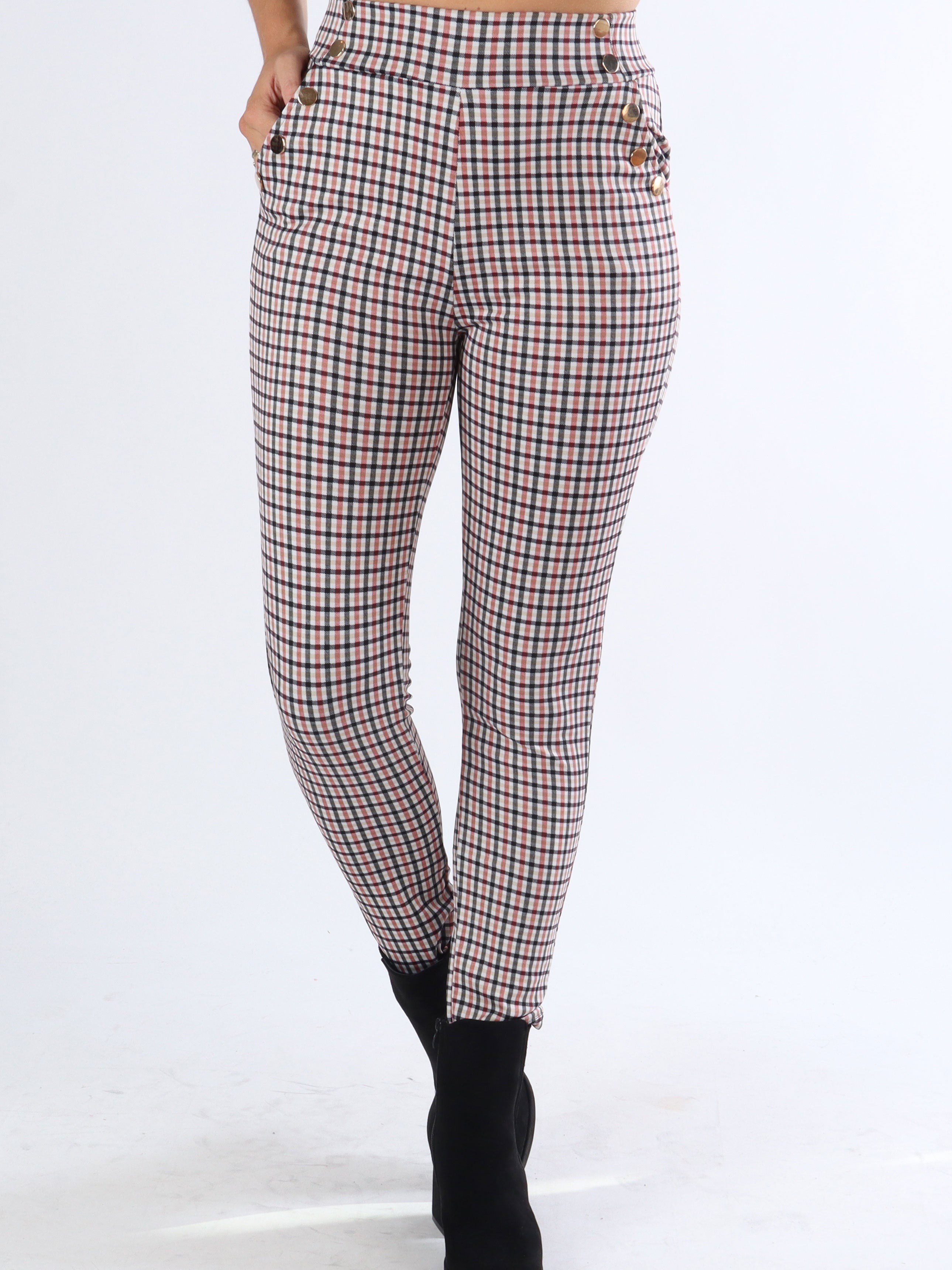 Selena - Rutiga elastiska byxor med guldknappar - Blue