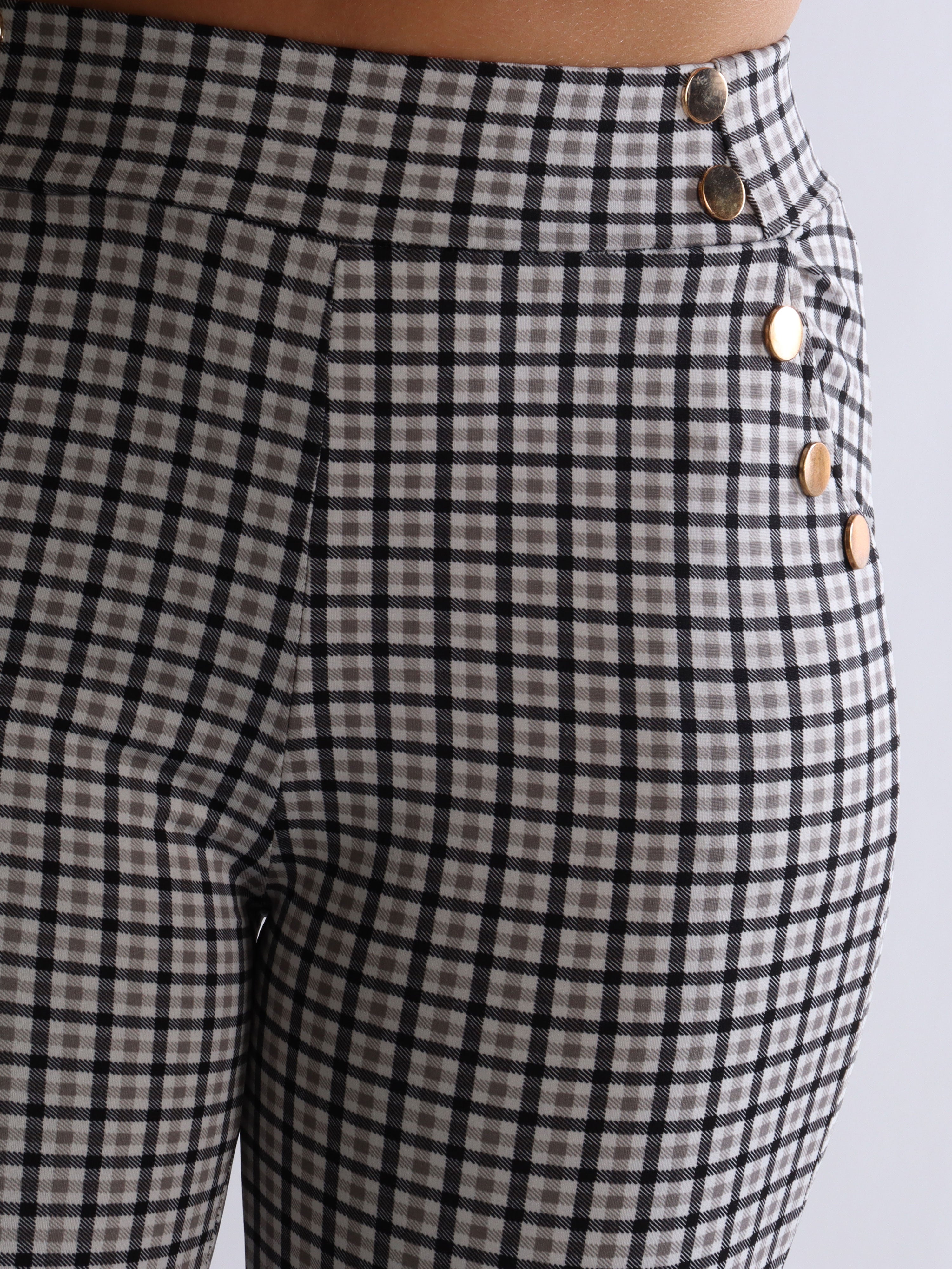 Selena - Rutiga elastiska byxor med guldknappar